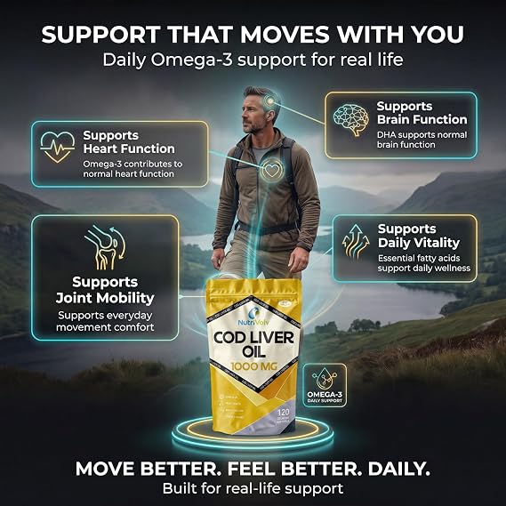 Cod Liver Oil High Strength 1000mg Heart, Brain and Joint Healthcare Supplements, Natural Rich Source of Omega 3 Fatty Acids | 120 Capsules