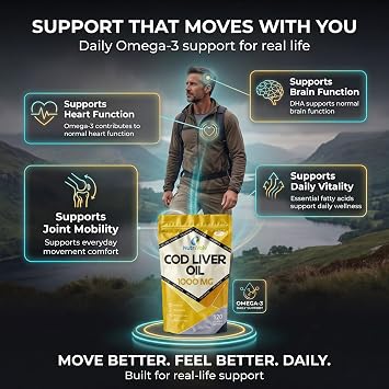 Cod Liver Oil High Strength 1000mg Heart, Brain and Joint Healthcare Supplements, Natural Rich Source of Omega 3 Fatty Acids | 120 Capsules