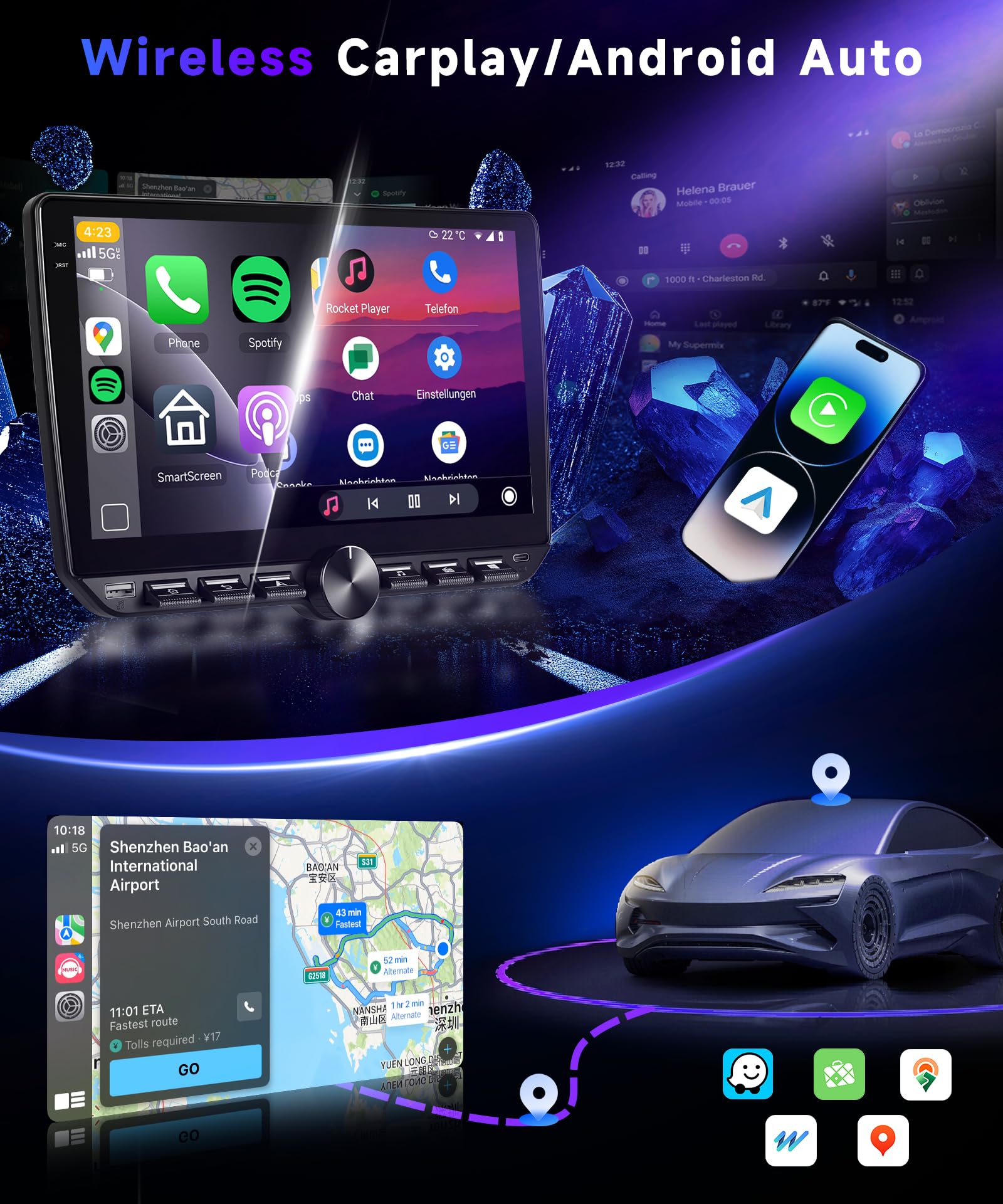 VECHTEL 4G+64G Android 15 Radio samochodowe 2 Din z bezprzewodowym systemem Android Carplay, 10-calowy ekran dotykowy Carplay, obsługa Bluetooth 5.0 Radio FM RDS GPS Wi-Fi Link Lustro USB/Type-C