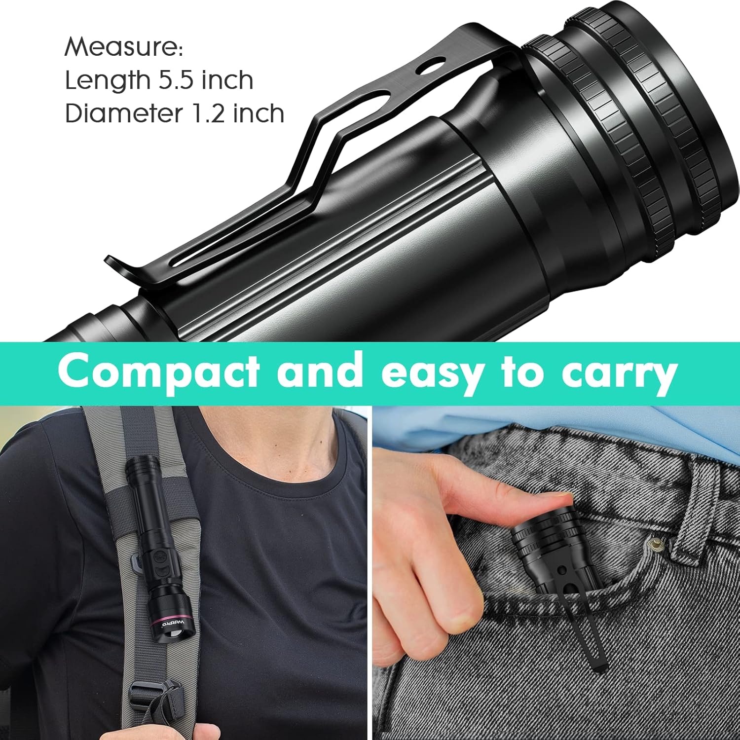 WdtPro 2 Pack Flashlights Rechargeable, Bright Mini LED Pocket Flash Lights with Clip, Zoomable, Dual Switch, 5 Modes, Waterproof Flashlight for Camping Outdoor Home Emergency (Battery Included) - Image 5