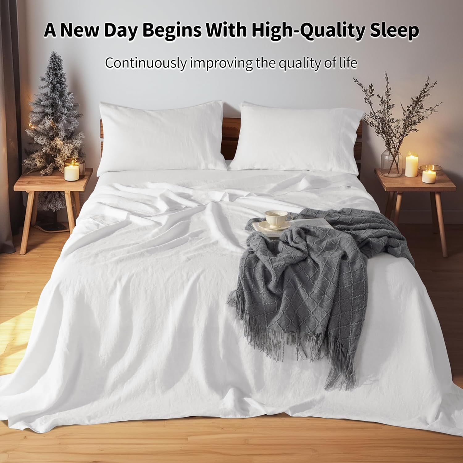 LBRO2M 100% Linen Sheet Set 24" Deep Pocket Full Size,Bed Sheets 4 Piece Sets,Solid Color Natural Flax Bed Sheets Soft Breathable Bedding, All Season (Full, White) - Image 6