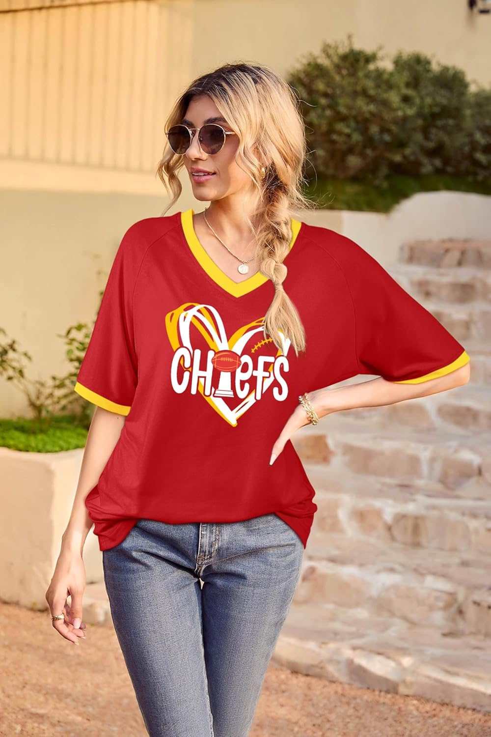 Football Shirts for Women Game Day V-Neck Tshirt Casual Football Short Sleeve Team Fan Graphic Tee Top - Image 2
