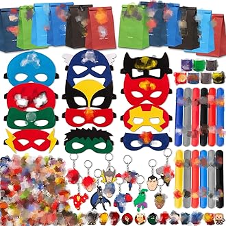 110pcs Hero Party Bags Fillers Set, Super Party Bags For Kids With 12 Masks, 50 Stickers, 12 Keychains, 12 Slap Bands, 12 Gift Bags, 12 Shoes Decorations For Kids Diy Party Gifts, Birthday Decoration