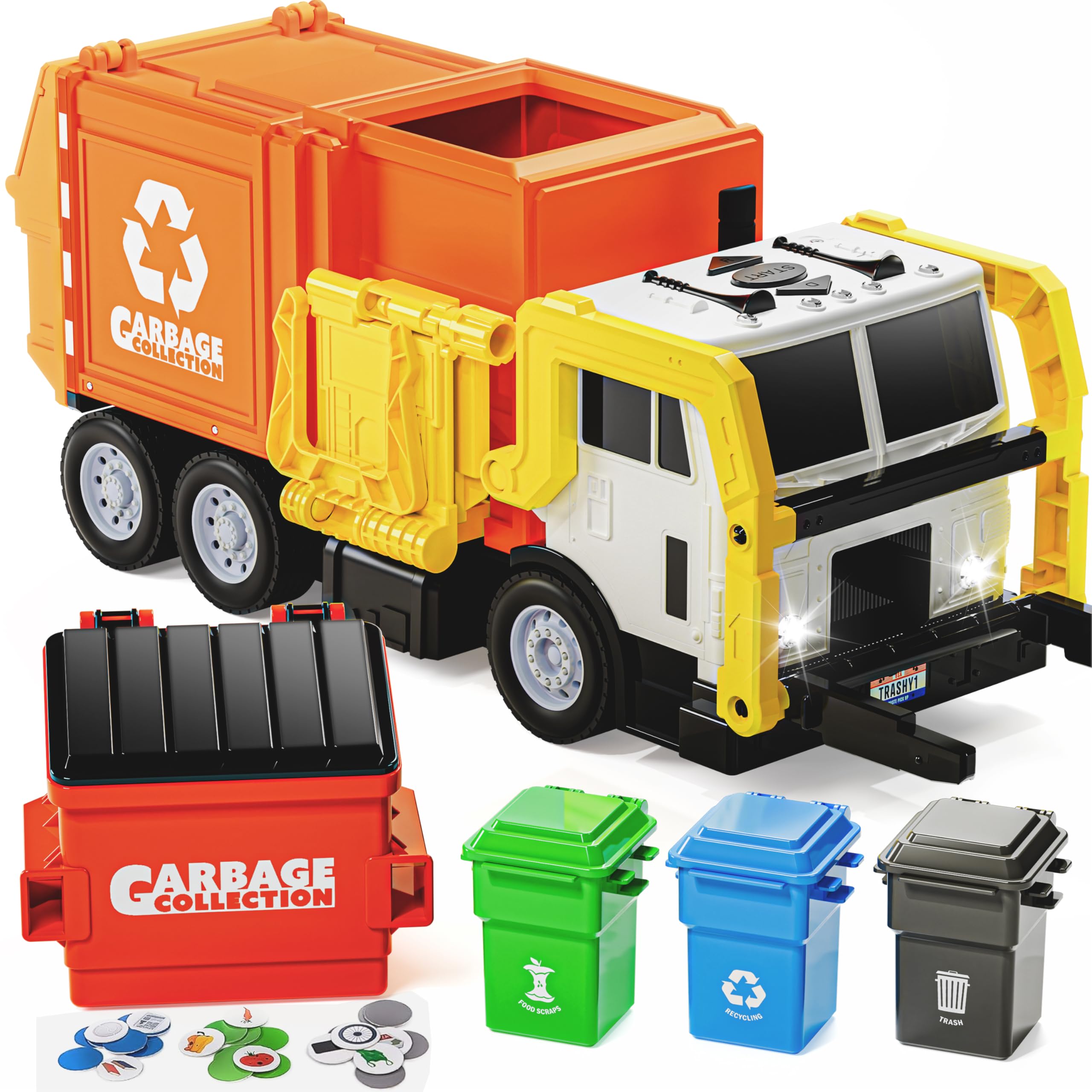 JOYIN Toys for 3 4 5 6 7 8+Years Old Boys,Garbage Truck Toys, Bin Lorry Toy,Realistic Garbage Truck with Lights and Sounds,Front Load Dumpster,Trash Bins with Trash Cards,Birthday Gifts for Boys โ image 1
