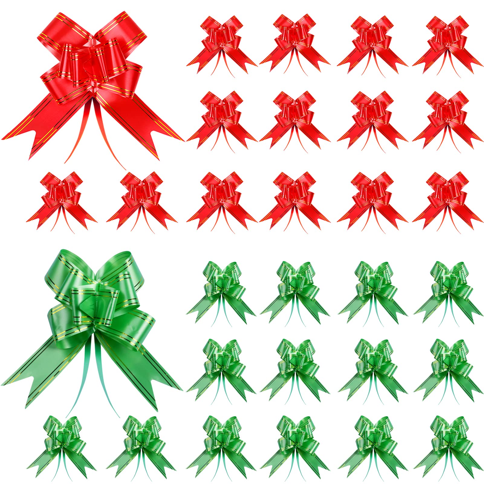 Zngou 30 Pcs Wrap Pull Bows Medium Wrap Bows Set Wrap Ribbon Bows Gift Basket Bows Red and Green Pull Bows with Ribbon Strings for Presents Crafts Bouquet Boxes Hampers Gift Wrapping Mixed Colours
