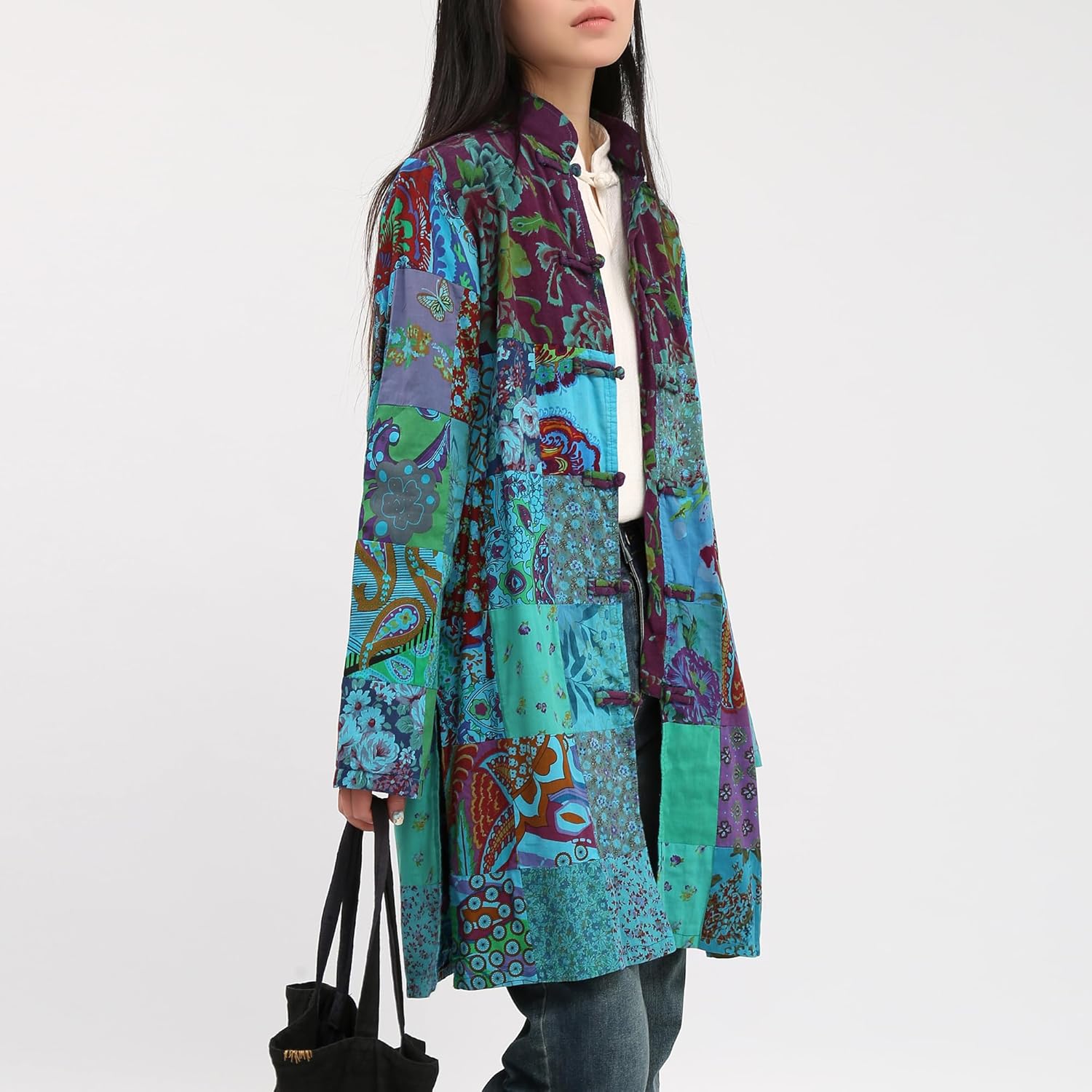 Women's Patchwork Jacket, Boho Floral Lightweight Spring Fall Coat, Artistic Vintage Bohemian Outerwear - Image 2