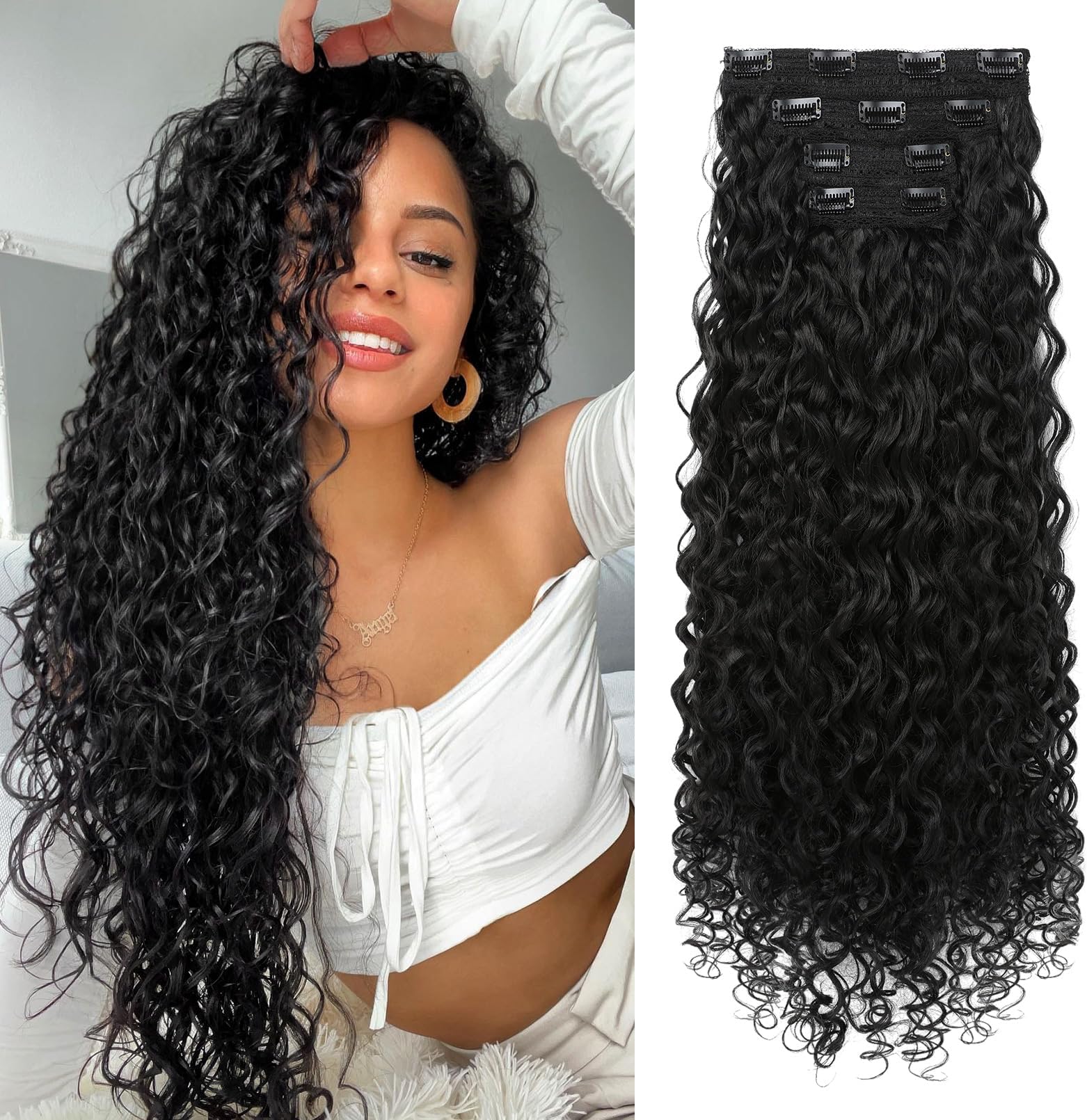LONAI 4PC Clip in Hair Extensions, 100％ Pure Protein Silk Curly Hair Extension for Women, 26 Inch Long Soft Natural Hair Extensions-Natural Black