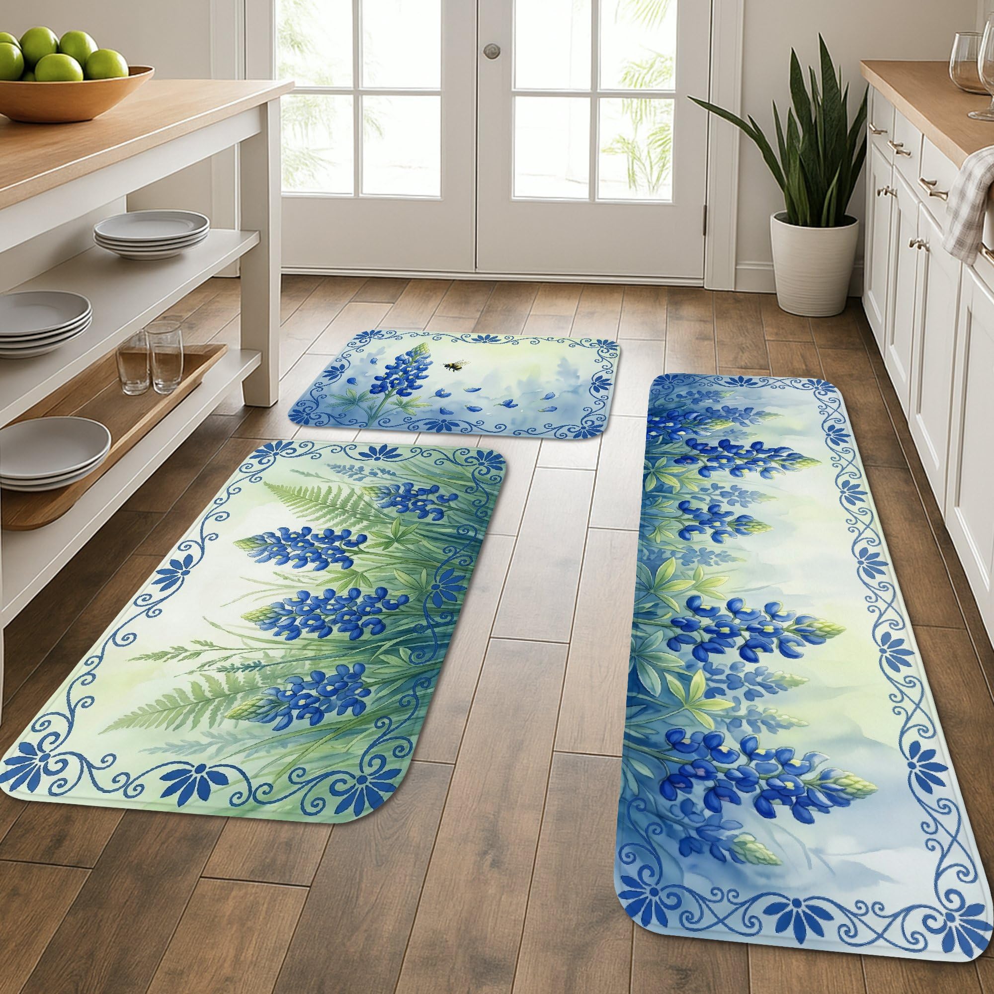 Tapis de cuisine lavable et confortable lot de 3 motif vintage bleu