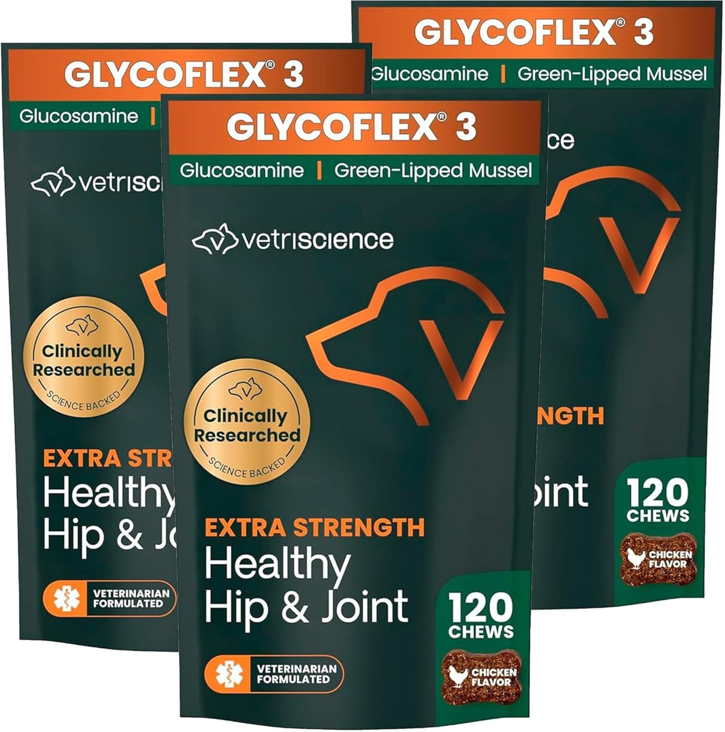 VetriScience Extra Strength Healthy Hip & Joint Chews, GlycoFlex Glucosamine & Green-Lipped Mussel Support Supplement for Dogs, Promote Mobility & Soothe Joint Discomfort, Chicken, 3 Pack