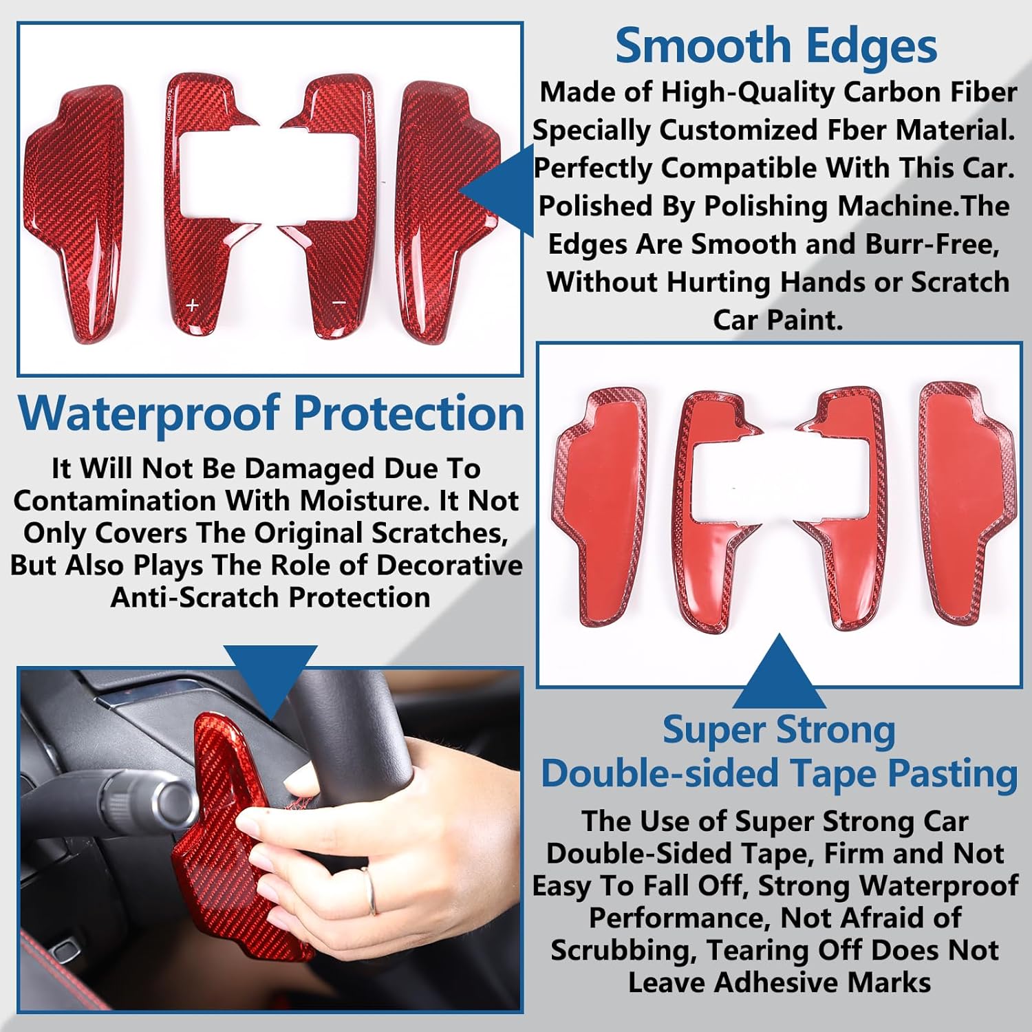 Car Steering Wheel Shifter Paddles Cover Trim Compatible with Chevrolet Corvette C8 2020-2025 100% Real Carbon Fiber 4PCS Shift Paddle Extended Interior Trim Accessories (Red Carbon)