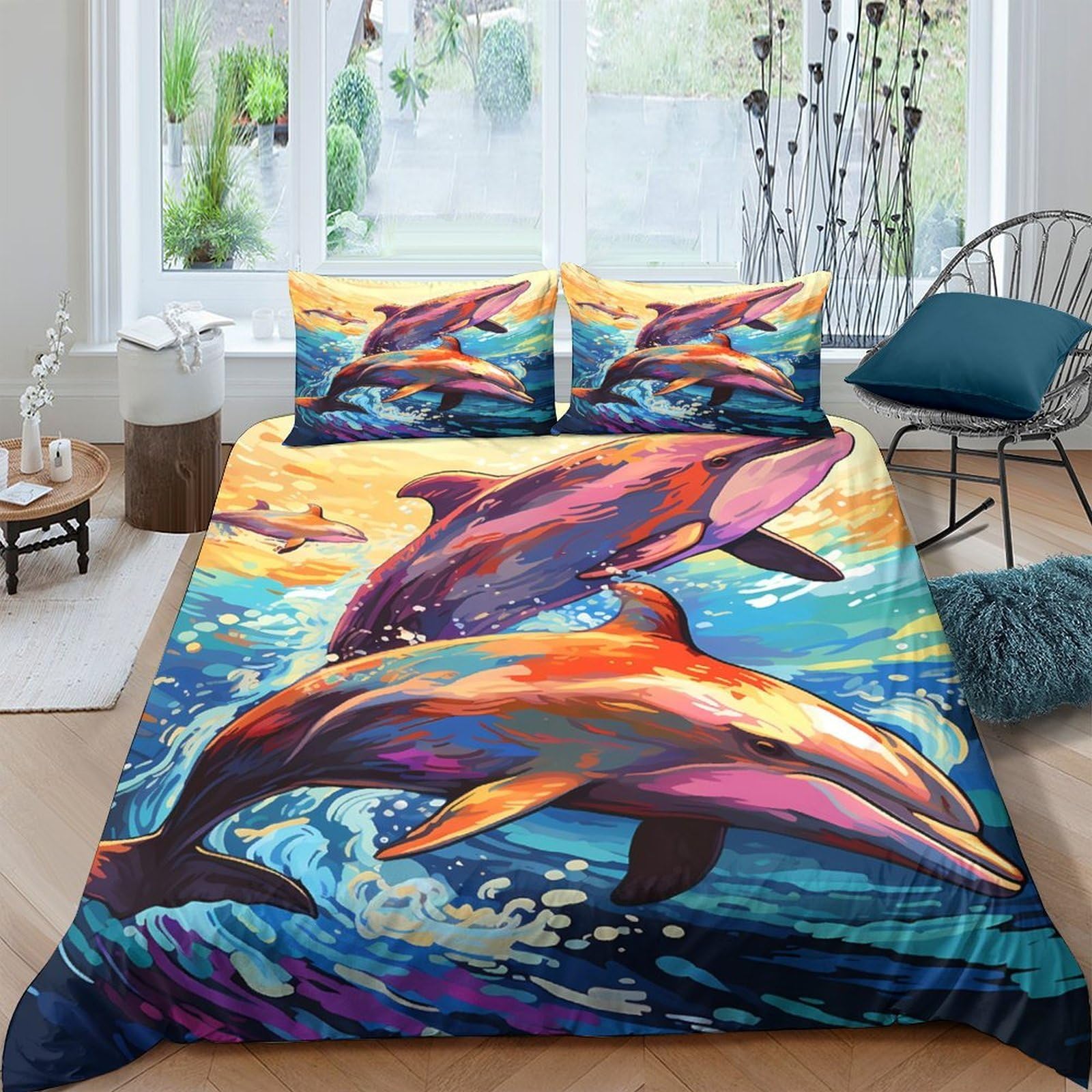 GPLZQXKJNH 3D Printed Colorful Dolphin Duvet Cover Microfiber Soft Breathable Ocean Waves Bedding Set with 2 Pillowcases for Bedroom Decor Single（135x200cm）
