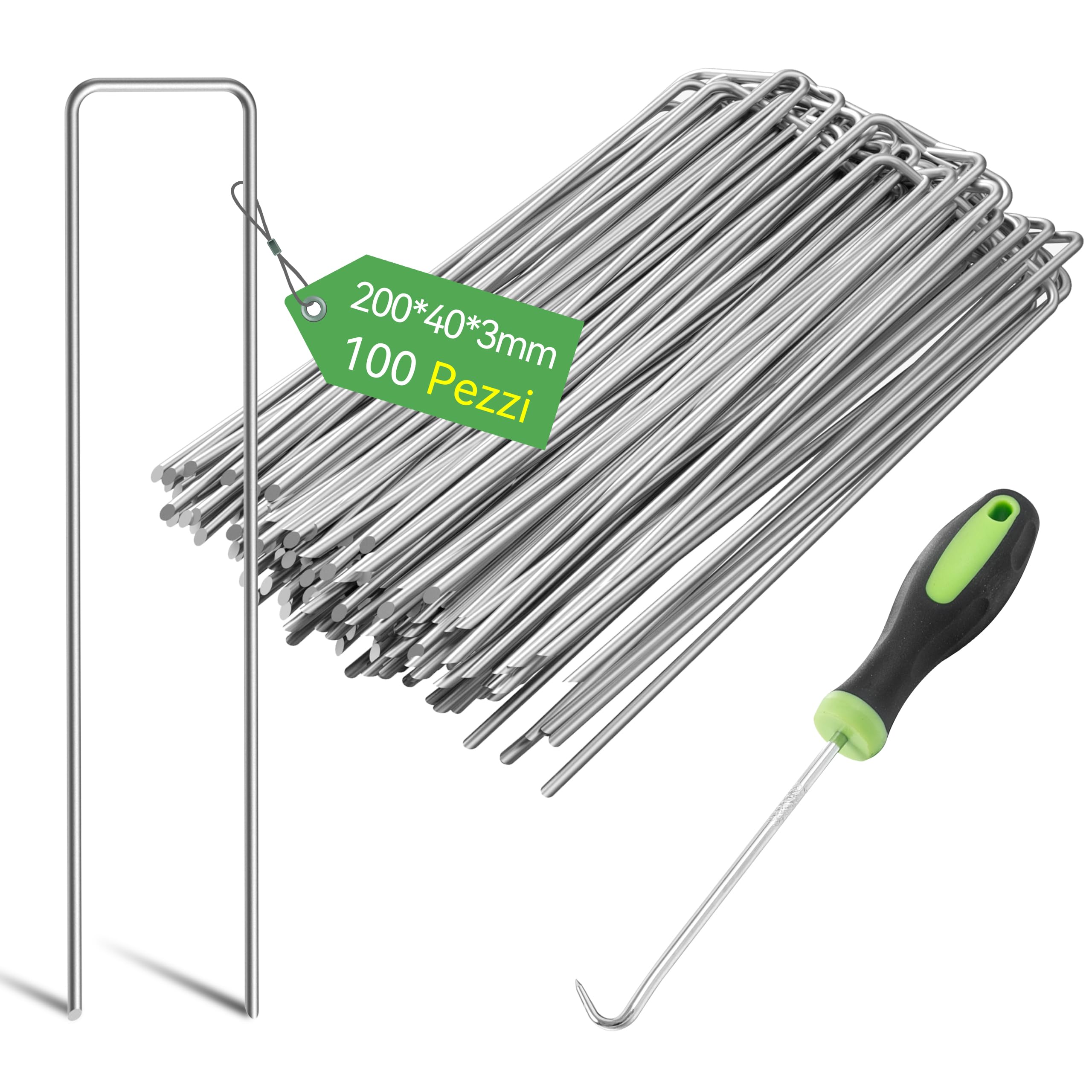 100 Pezzi 20cm Ø 3mm Spilli per Giardino Resistenti - Chiodi in Acciaio Zincato per Fissare Paletti per Ancorare Tessuto Antierba, Reti e Tubi con 1 Uncino a Punta