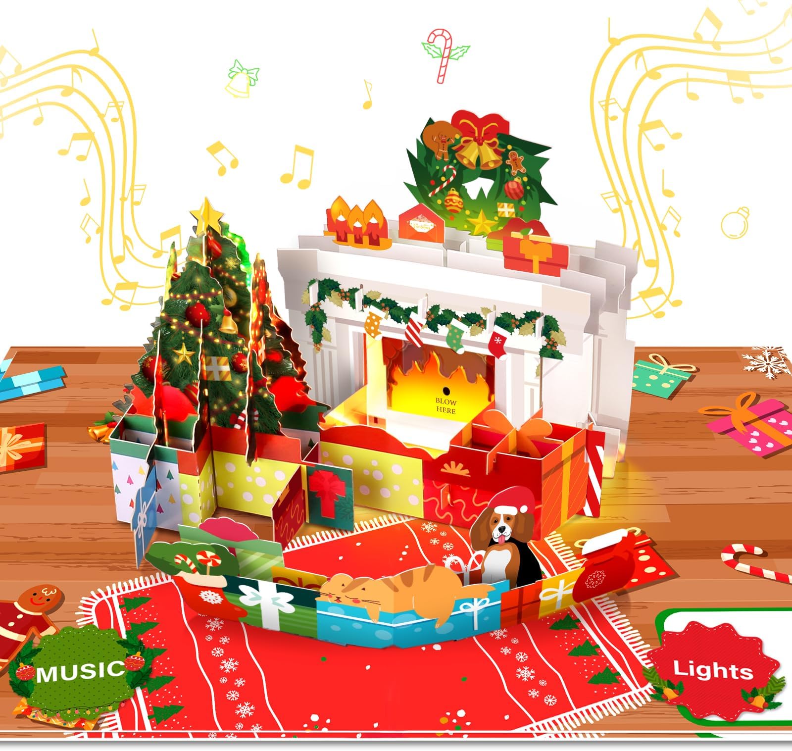 FITMITE Christmas Card Pop Up with Light and Music 3D Santa Fireplace ...