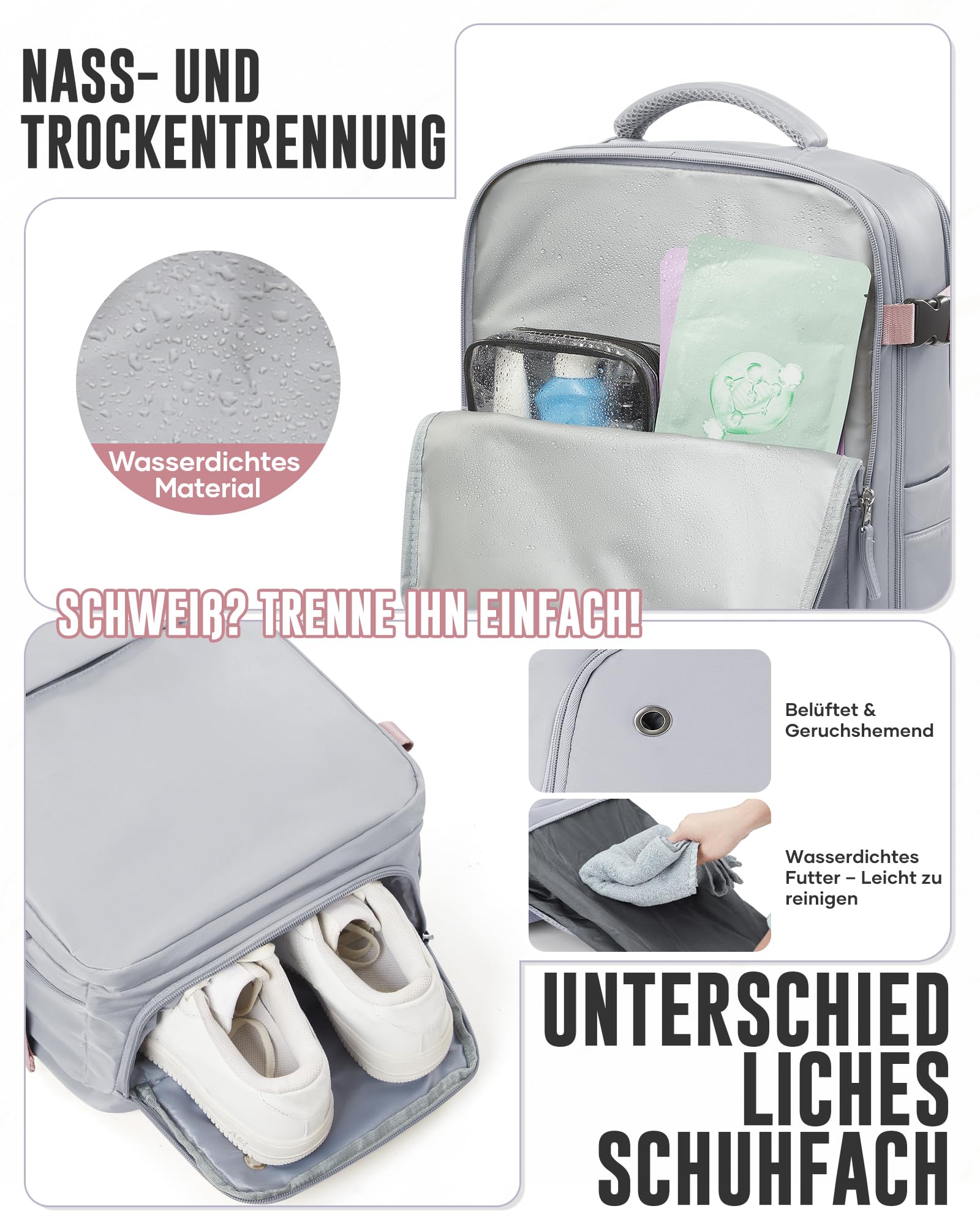 Vakuum Rucksack Handgepäck Flugzeug mit Schuhfach, Ryanair Reiserucksack Handgepäck mit Vakuumsystem, Rucksack Wasserdicht Laptop 14 Zoll für Damen Herren Airbag(Grau)