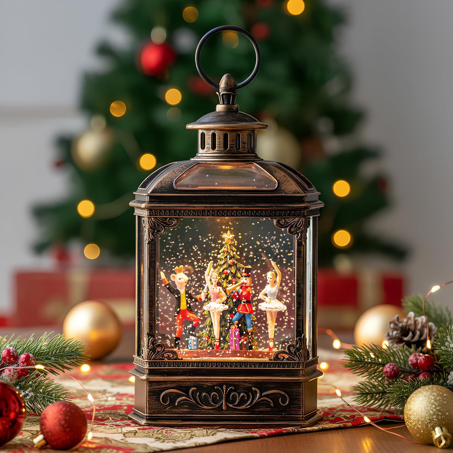 Christmas Snow Globe Lantern Water Glittering Nutcracker Ballet Stage with Music & Timer, USB Lined/Battery Operated Lighted Lantern for Christmas Festival Decoration Gifts image 2