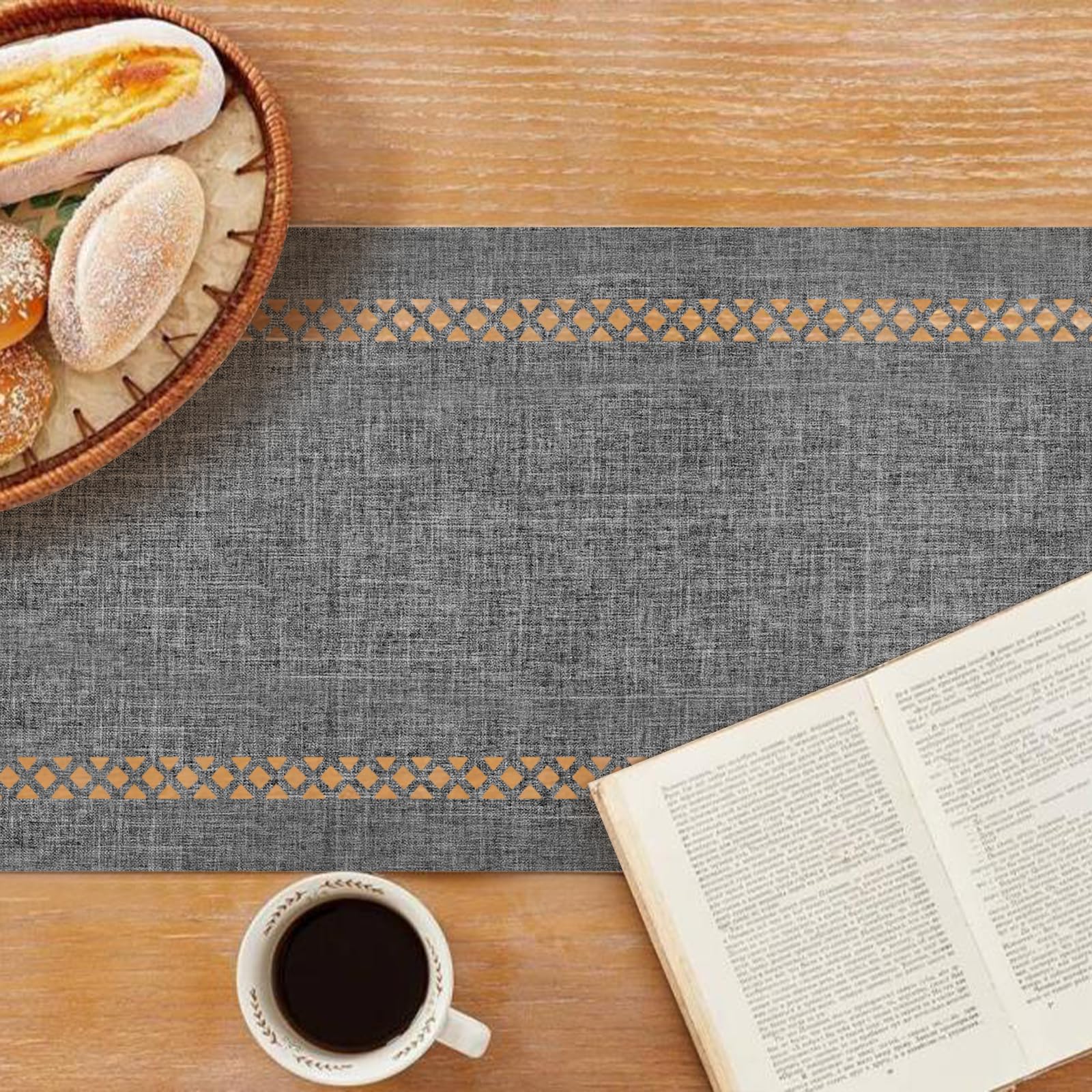 BAZIOE Modern Table Runner Grey Linen Table Runner Washable Openwork Design Ideal for Holiday Party Decoration Dining Table - Image 3