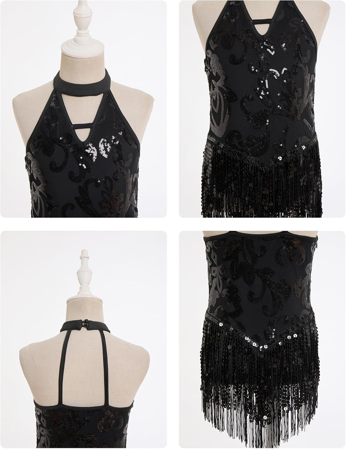 AFAVOM Girls Sequin Fringe Bodysuit Sparkly Latin Hip Hop Jazz Dance Dress Halter Backless Leotard Performance Dancewear 3-12