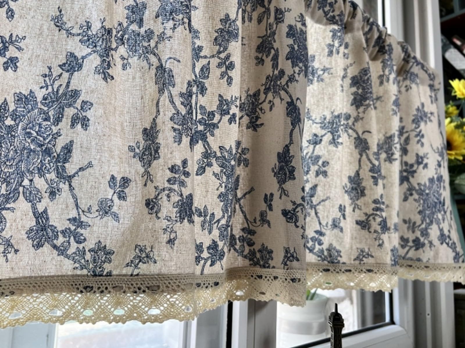 A.Monamour Gardine Scheibengardinen Kurzstores Bauernhaus Baumwolle Leinen Blau Geblümt Semi Verdunkelung Kurzvorhang Kurzgardinen Küchengardine Küche Vorhang Fenster Kurz Stores Bistrogardine