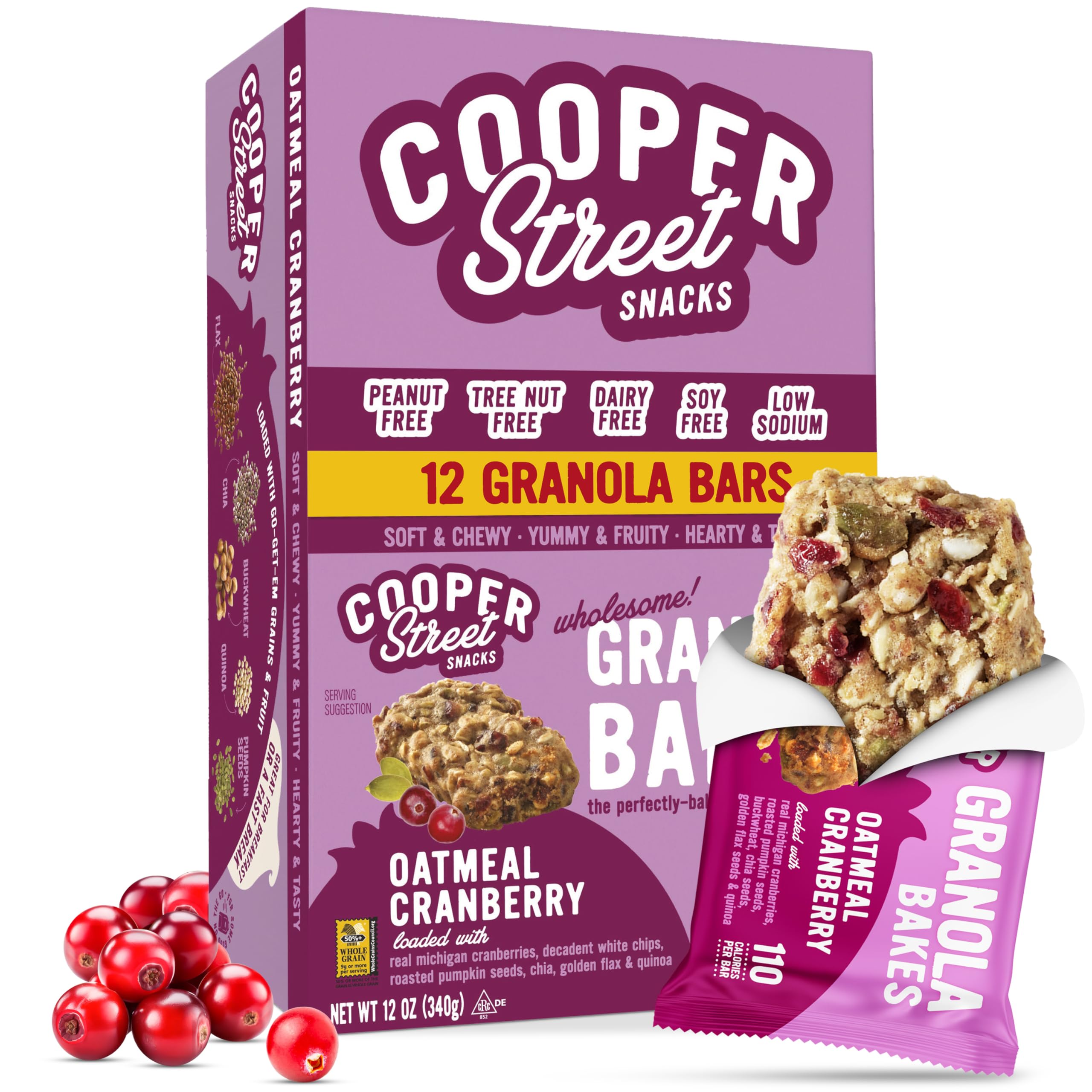 Cooper Street Oatmeal Cranberry Granola Bakes (12 pack) - Individually Wrapped Soft and Chewy Breakfast Granola Bars - Nut, Dairy & Soy Free - Great As Kids Snacks For School, Hiking Or Lunchbreak