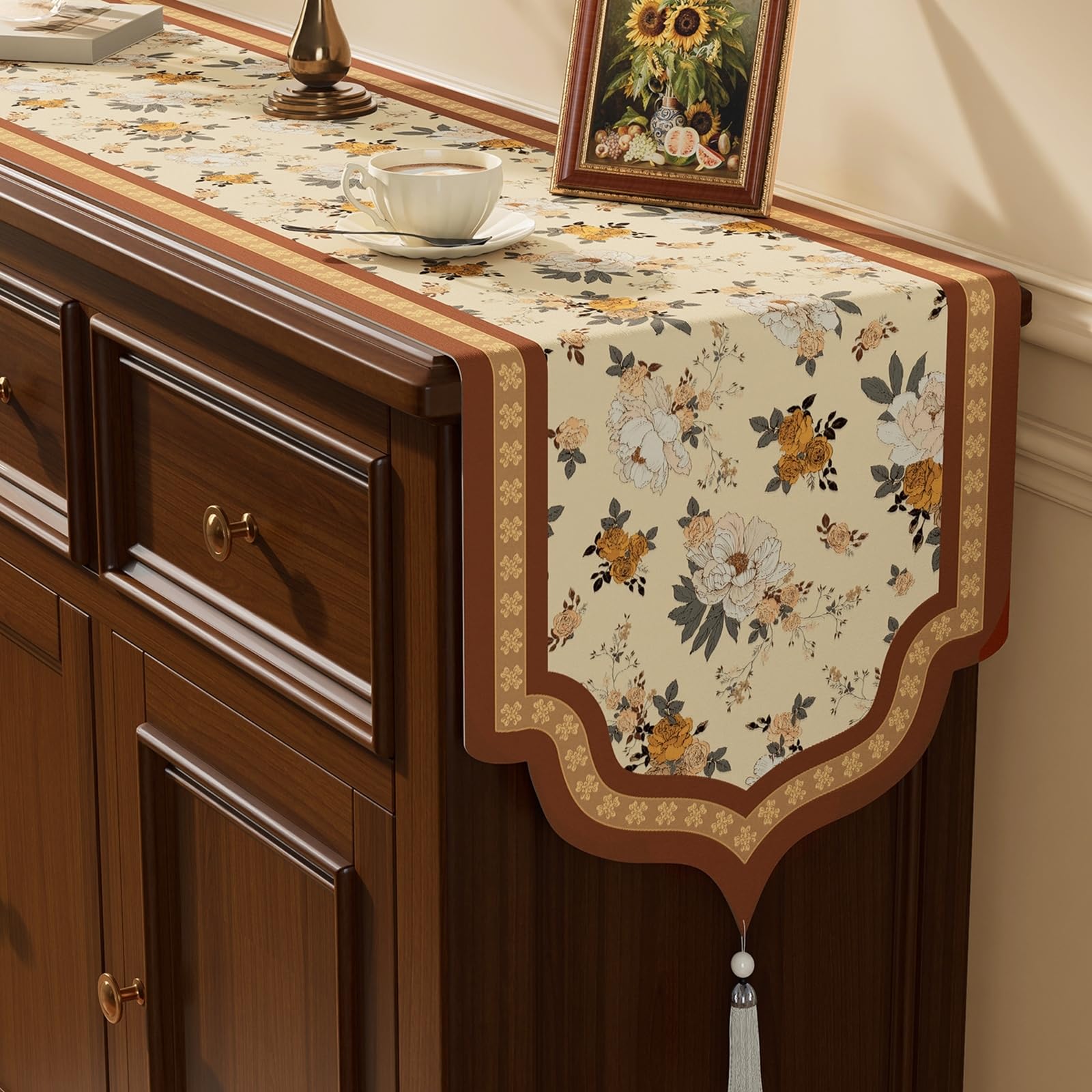 Tischläufer Polyester Wohnzimmer, Tischläufer Landhausstil 35x240 cm, Leinenoptik mit Vintage-Blumenmuster