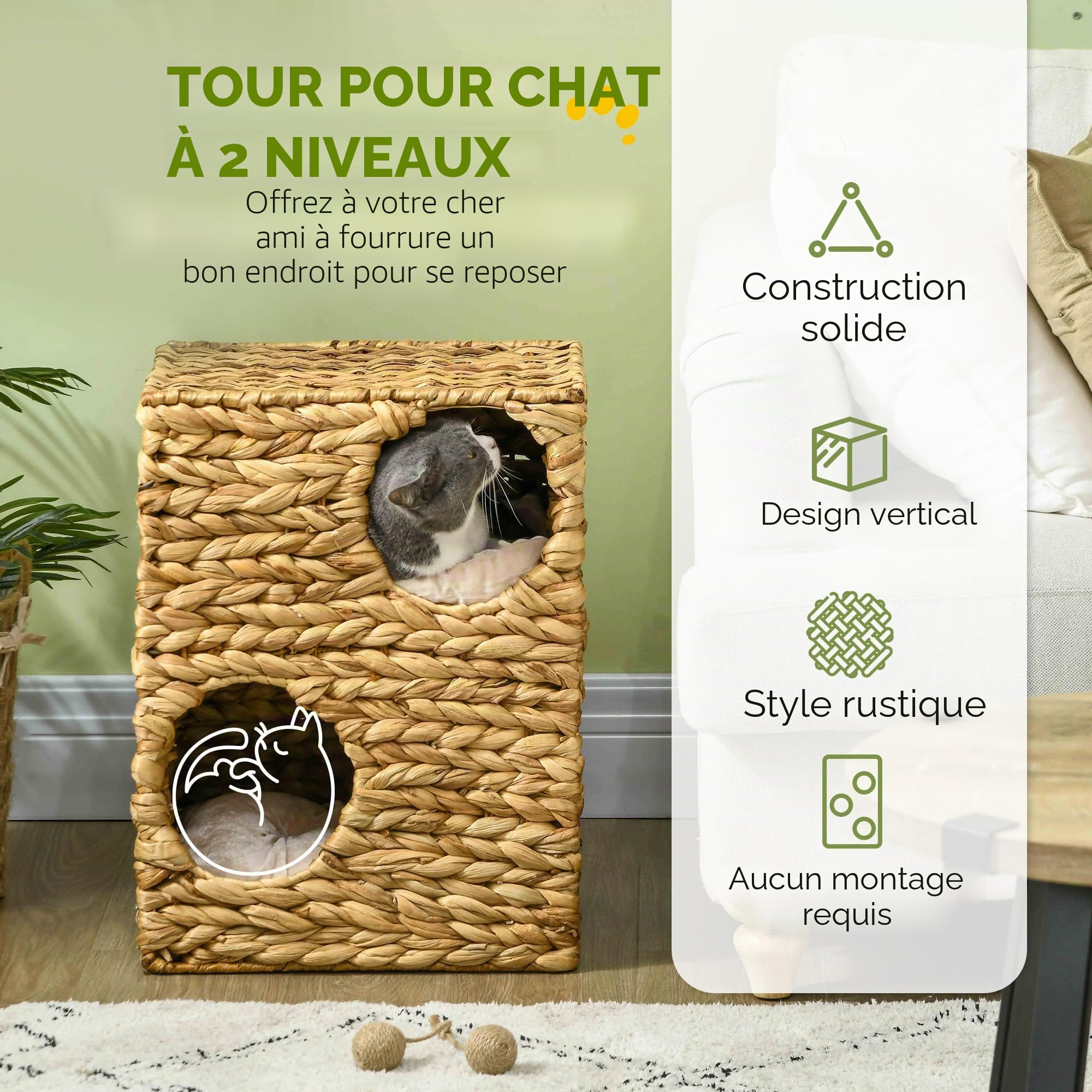 PawHut Tonneau à Chat de 55 cm de Haut avec 2 niches, Coussins lavables, Arbre à Chat, Tour de Chat en Jacinthe d'eau, Marron Clair