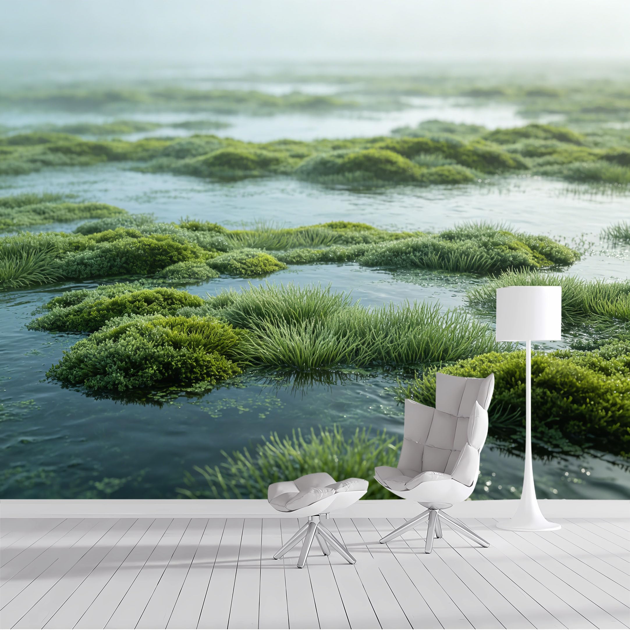 Custom Size Wall Mural Misty Marsh Landscape Watercolor Botanical Nature SelfAdhesive Wall Fabric Removable Peel and Stick Wallpaper Wall Decor for Living Room Bedroom Bathroom