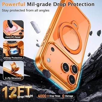 Telaso Case for iPhone 17 Pro Max, Compatible with Magsafe with 360 Rotatable Magnetic Stand, Transparent PC Back TPU Bumper Plating Bumper Electroplated iPhone 17 Pro Max Phone Case, Cosmic Orange