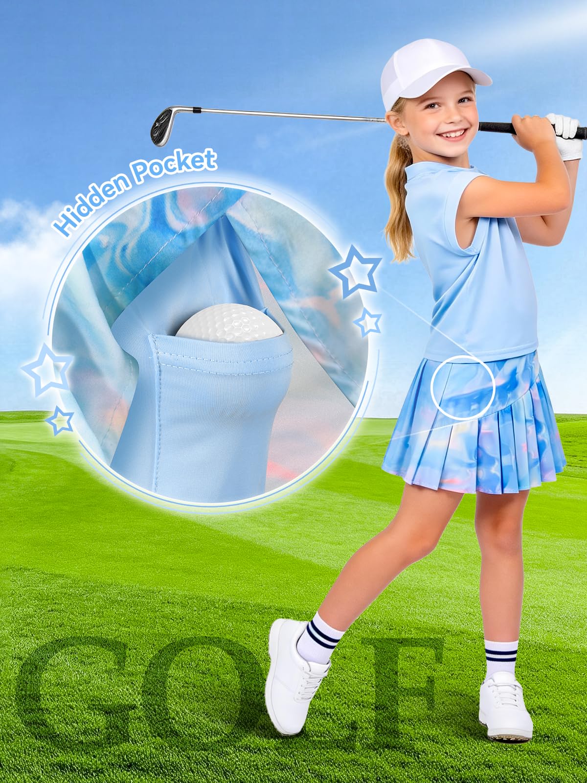 Traje de tenis para niña, camiseta sin mangas y falda de tenis, falda plisada con bolsillos interiores, traje deportivo para golf, bádminton y monopatín - 3