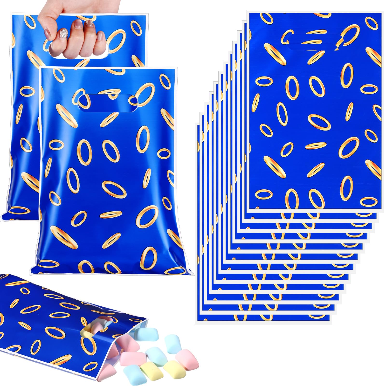 Clysee 50 Pcs Video Game Party Favors Bags Blue Gold Ring Plastic
