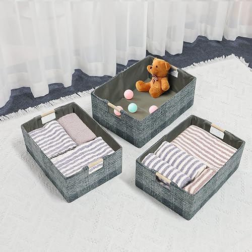 Miniatura 7 de LaMorée Caja de almacenamiento de tela plegable, cubo de almacenamiento de lino y algodón con asas de madera, rectangular, decorativo, cuarto de