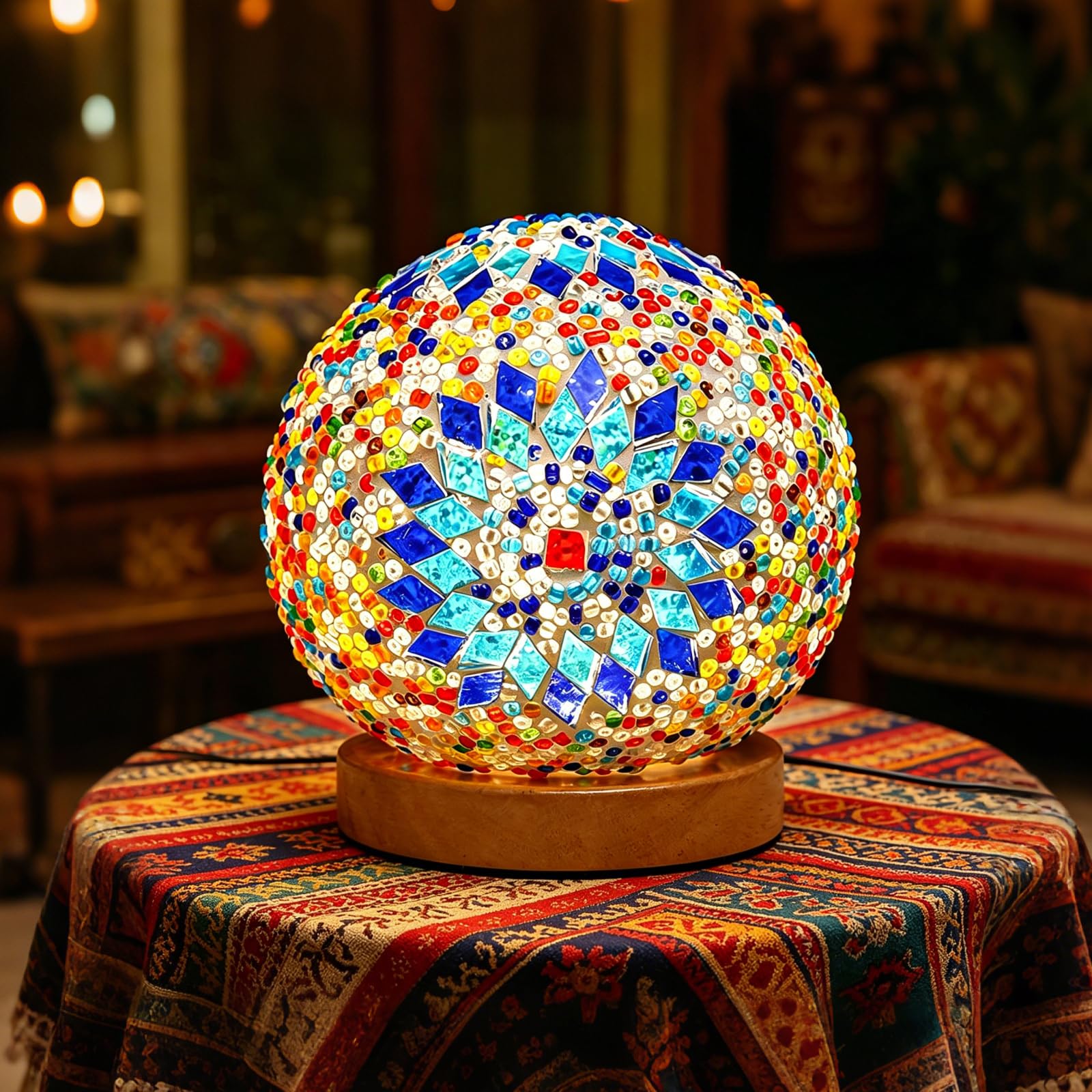 Table Lamp Vintage Turkish Mosaic Lamp Colorful Bohemian Night Light USB Power Colorful Glass Table Light for Light Ethnic Home Decor Halloween Decoration Party Mood Lighting(Boho-Blue, Boho)