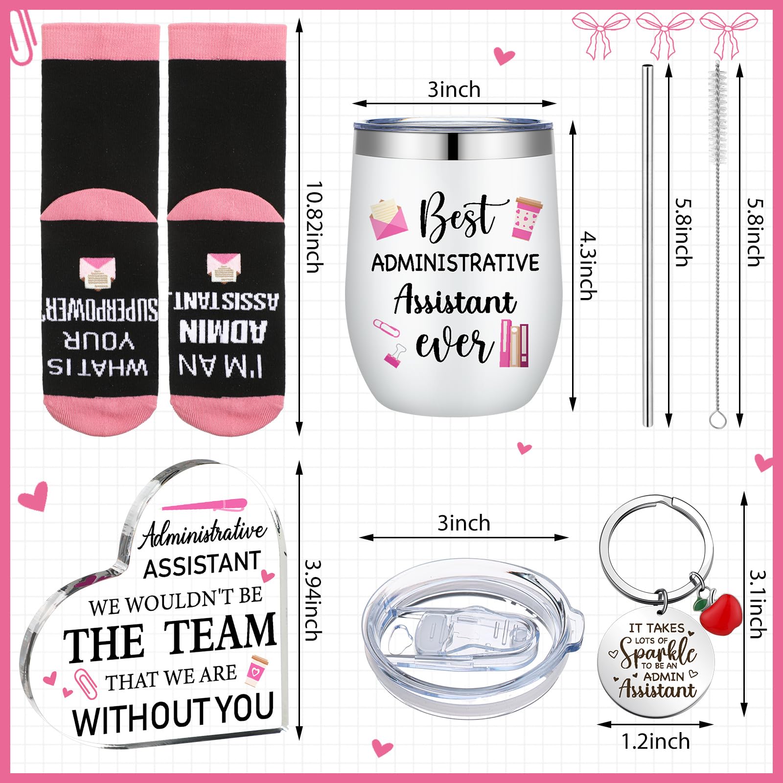 FoldTier 5 Pcs Administrative Assistant Gifts Set 12oz Tumbler Socks Keychain Heart Acrylic Sign Box Admin Professional Day Secretary Thank You Gift for Women Lady Coworkers Office