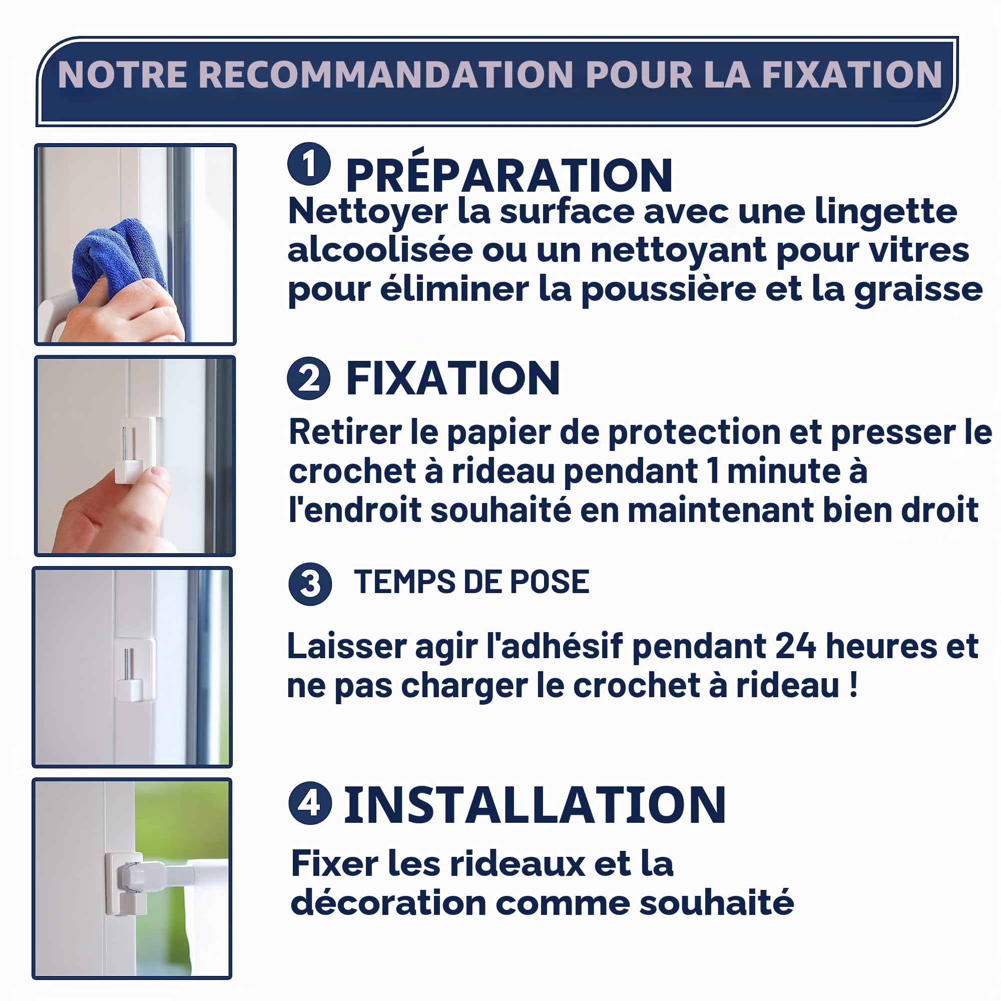 Crochets adhésifs Neufeld Lot de 24 Blancs 3 m sans perçage pour Rideaux