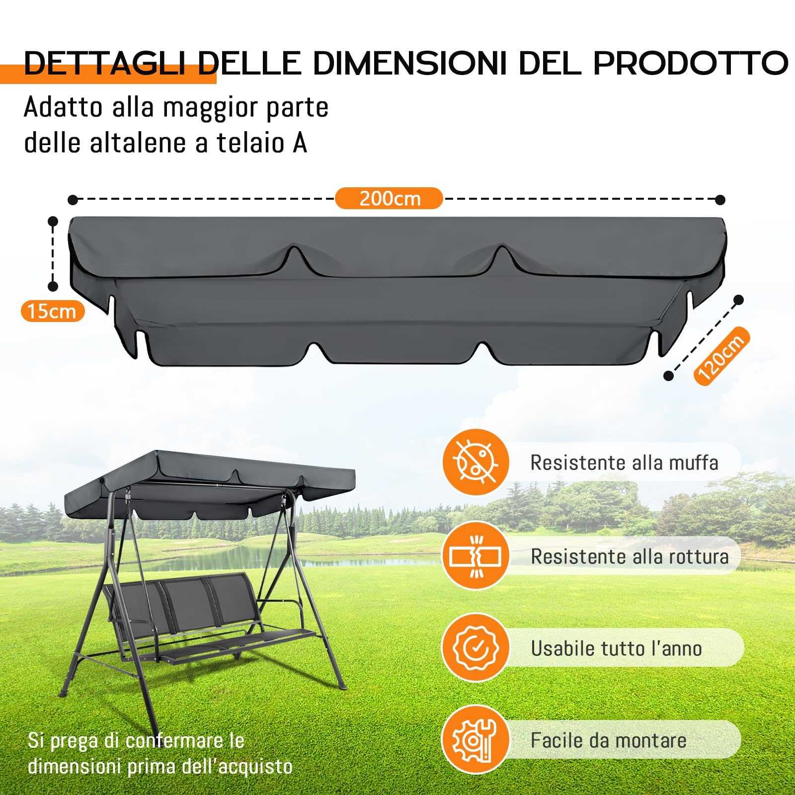 Telo di Ricambio per Altalena da Esterno, Tettuccio per Altalena da Giardino, Impermeabile Parasole Tettuccio Anti-UV, Telo Ricambio Universale per Cortile, Giardino, Piscina (200x120cm)