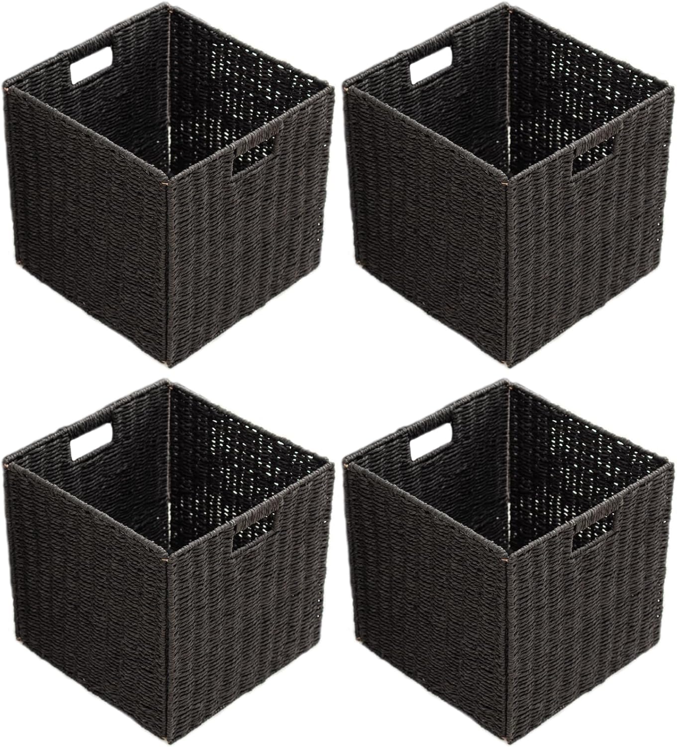 Handwoven Paper Woven Cube Basket Organizer with Handles set of 4 Foldable Storage baskets for Bedroom Living Room Cubby Storage Units for Clothes Books Toys (Black, 13" L x 13" W x 13" H) Black 13" L x 13" W x 13" H