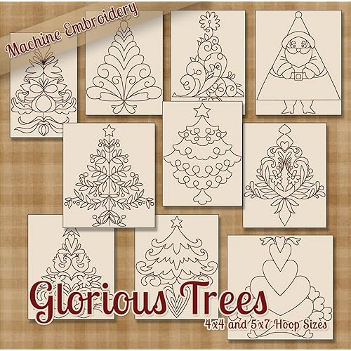 Glorious Trees Christmas Holiday Redwork Embroidery Machine Designs on CD - Multiformat Pattern CD