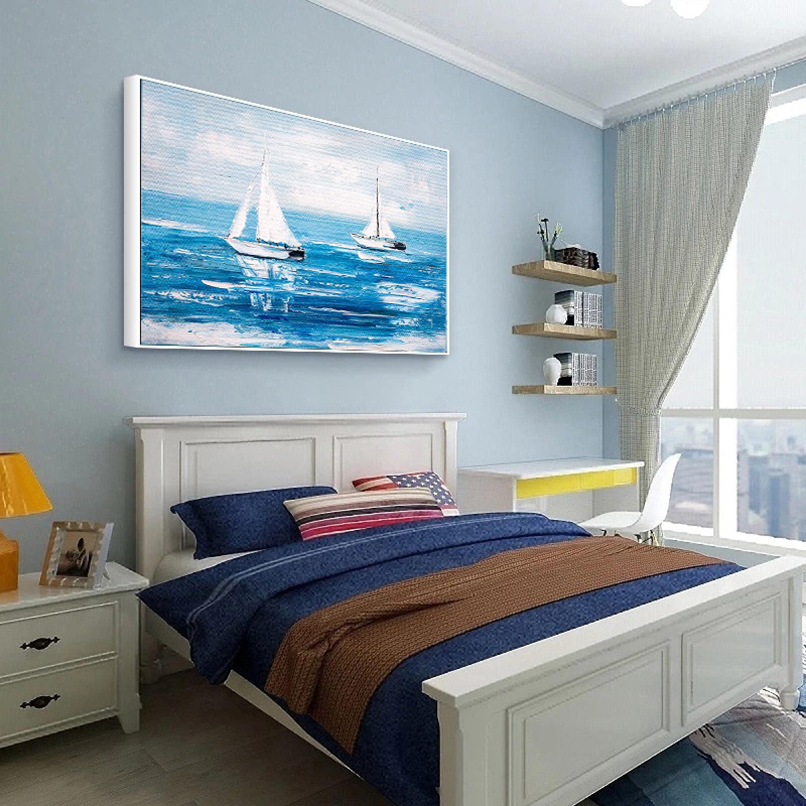 海の風景 キャンバス Amazon.co.jp: キャンバスの壁画の海の風景画ボート現代の抽象的な青い
