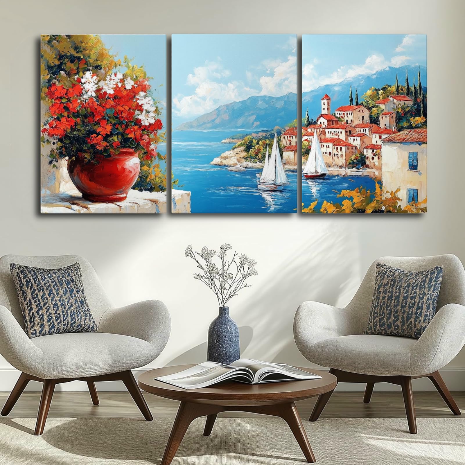 Wivsev Mediterranean Village Wall Art,Mediterranean Canvas Wall Art,Coastal Italy Prints for Living Room,Bedroom,Bathroom (24" x 36" x 3 pcs)