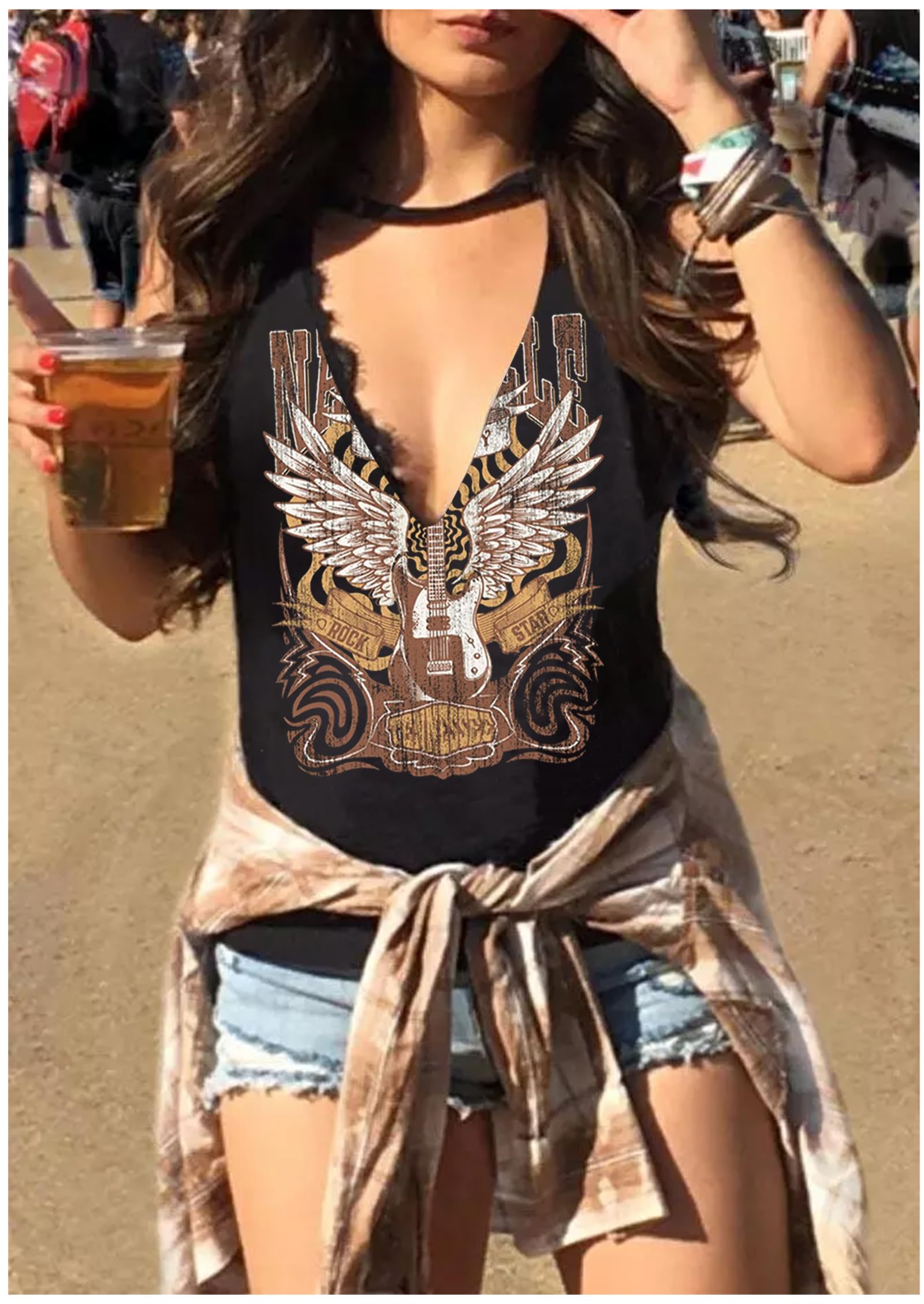 Summer Deep V Neck Tank Tops for Women Western Country Sleeveless Tee Shirts Teen Girls Sexy Casual Concert Tops Outfits: Small Nashville Black