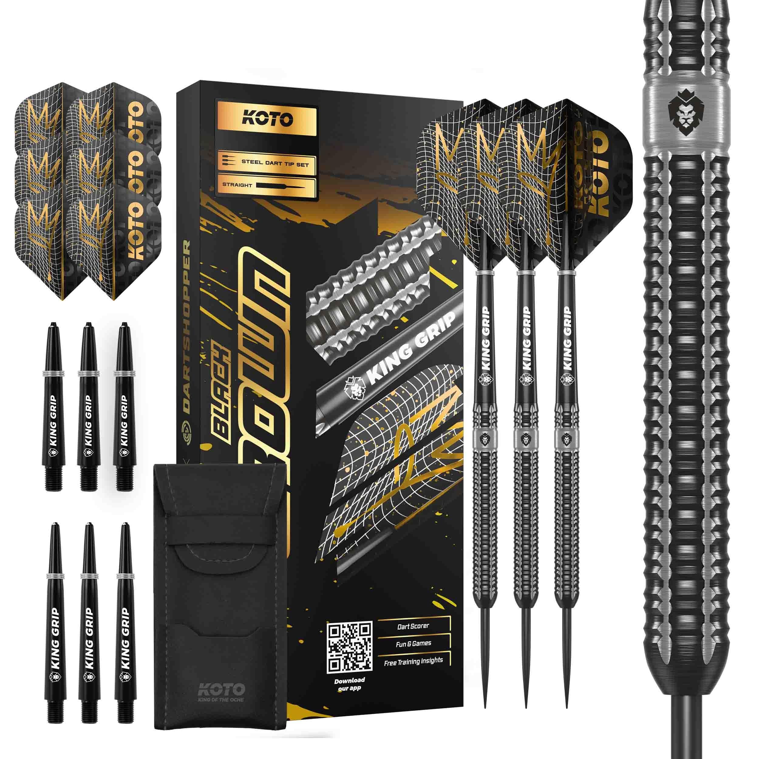 KOTO - Black Crown 90% Darts 24 Gram, Black & Silver, Incl. KOTO Flights, Shafts & Dart Case