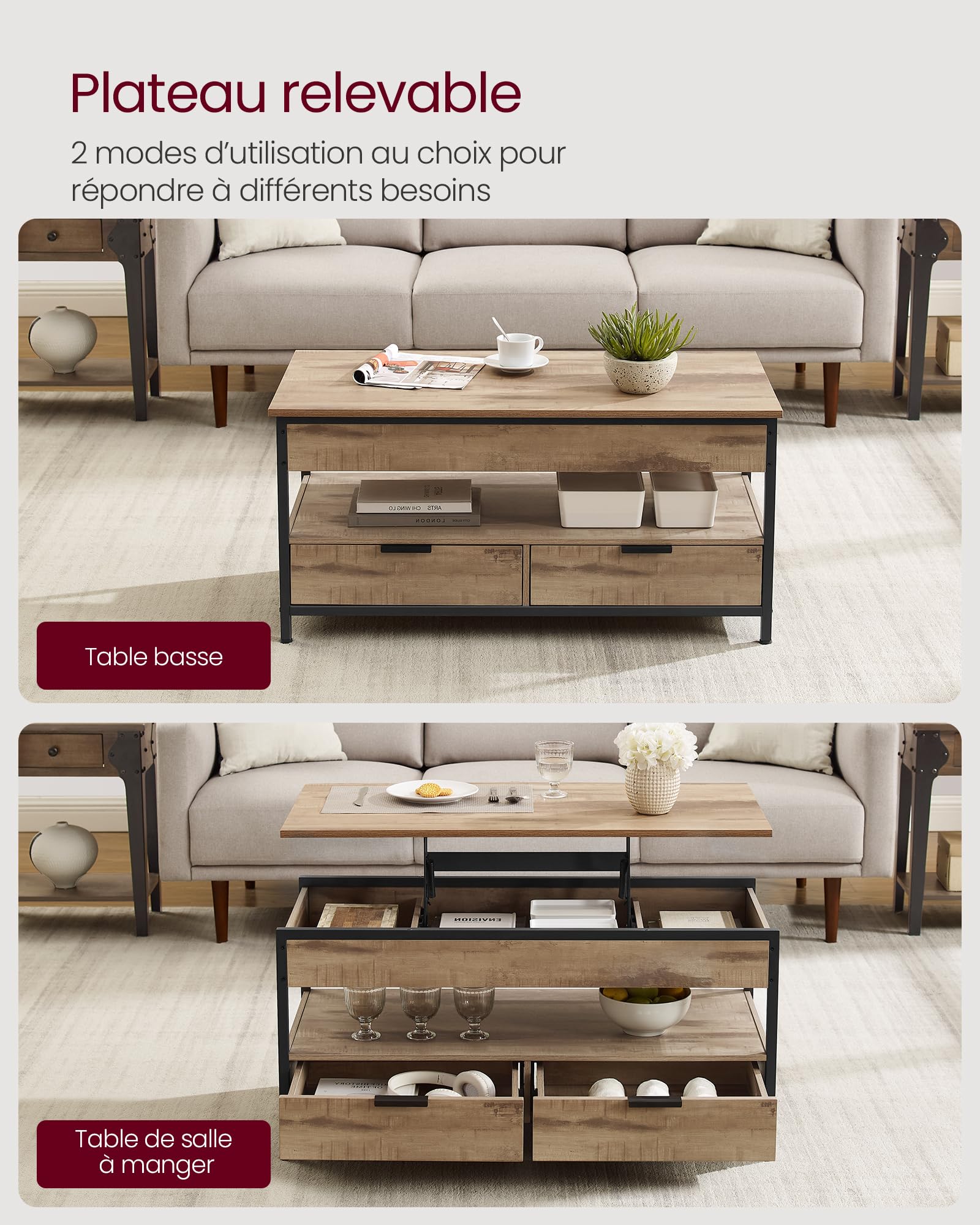 VASAGLE Table Basse, Table de Salon avec Plateau Relevable, Tiroirs de Rangement, avec Rangement Ouvert et Compartiment Caché, Marron Camel et Noir d'encre LCT209K02