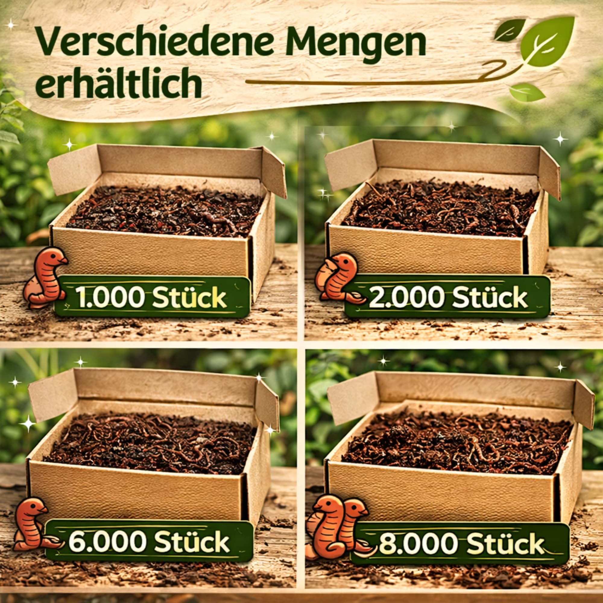 Kompostwürmer Eisenia Mix (1000, 2000, 6000 oder 8000 Stück) – 3 Arten für Wurmkiste, Komposter und Garten – Eisenia fetida, Andrei & hortensis (Dendrobena) – mit Wurmhumus Substrat