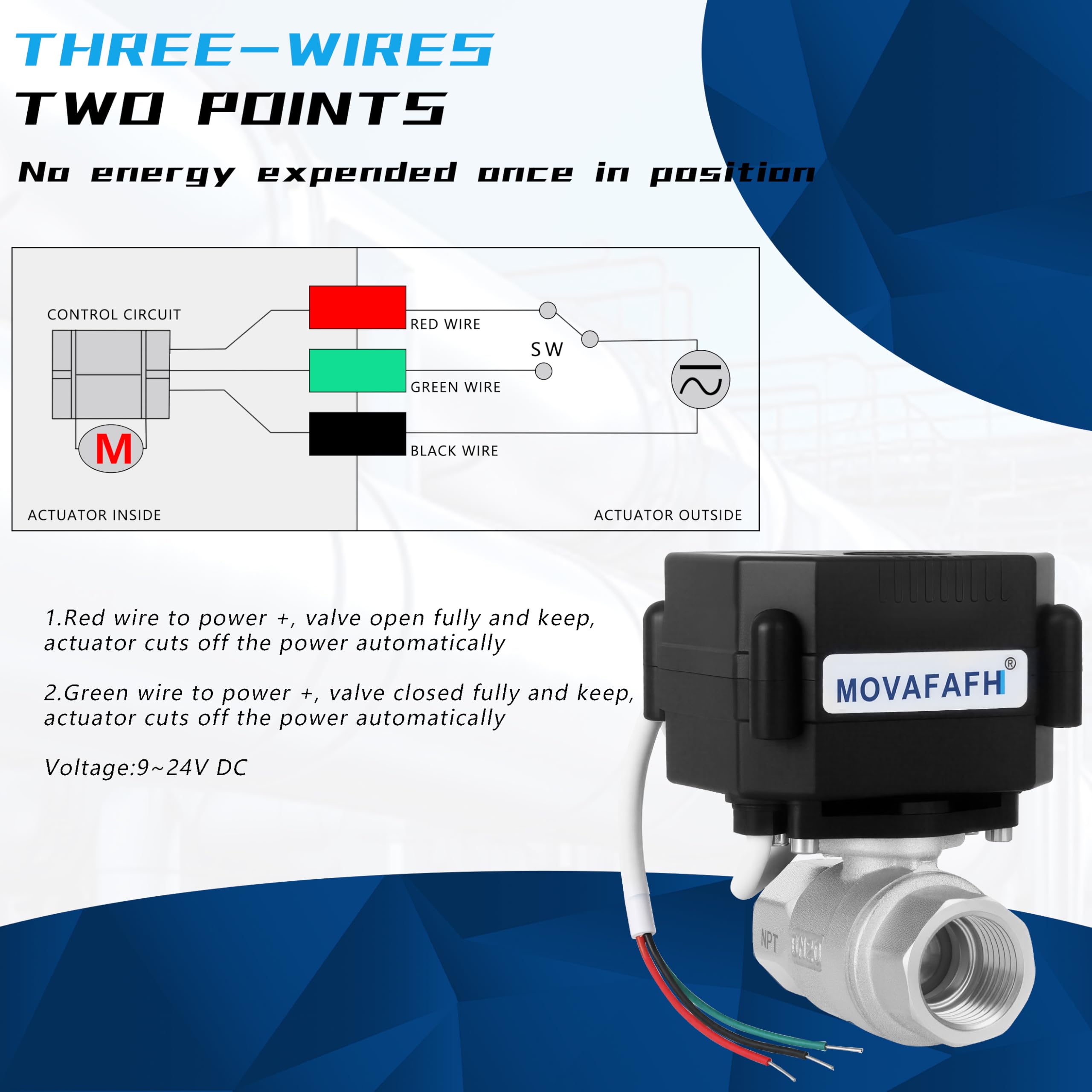 Zmotoryzowany zawór kulowy - 2,5 cm elektryczny zawór kulowy ze stali nierdzewnej z pełnym portem, 9-24 V AC/DC i 3 przewodami, 2 punkty