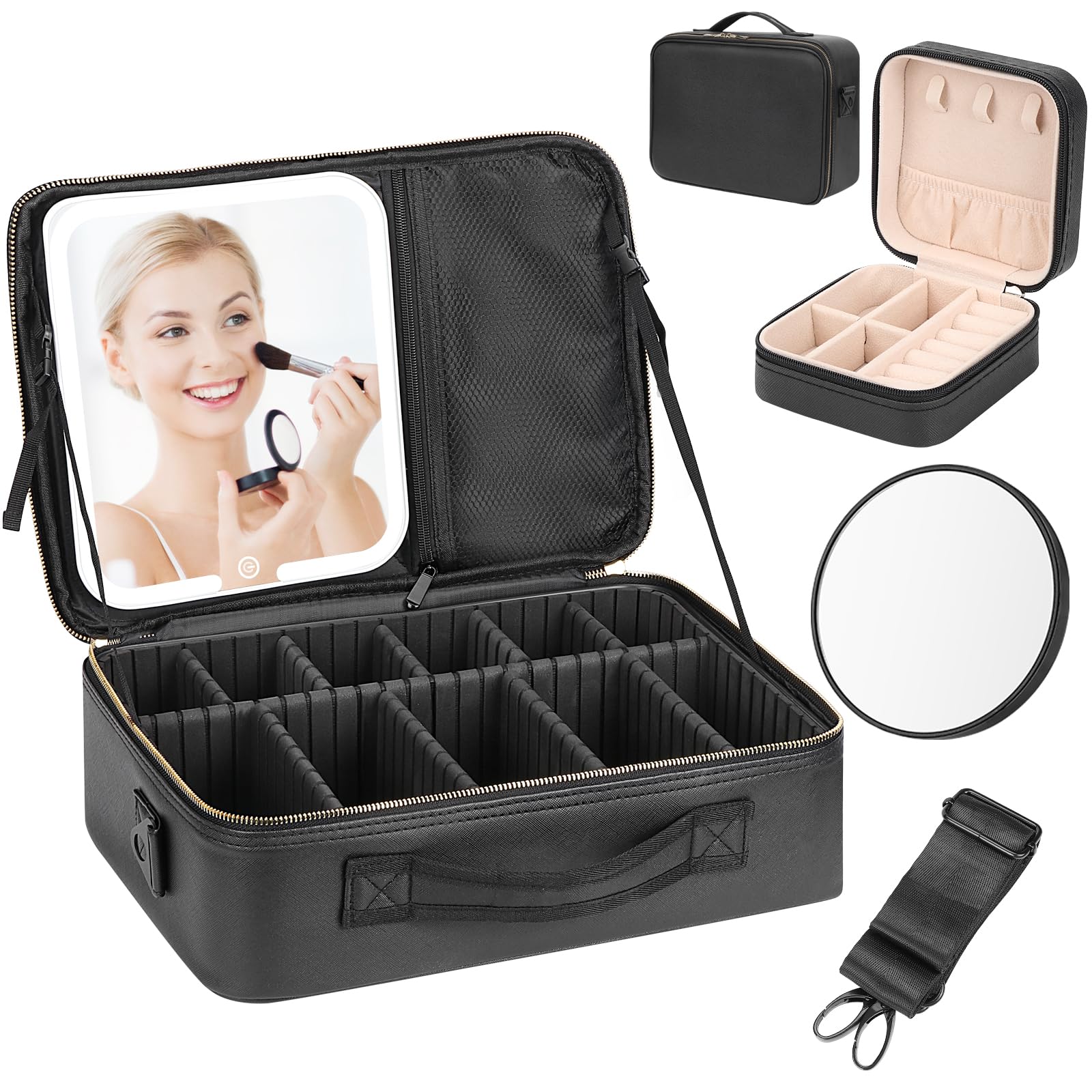 Yokilly Estuche de Maquillaje con Espejo LED: 3 Modos de Luz Bolsa de Maquillaje con Espejo y Luz - Extra Grande Maletin Estuche Maquillaje Mujer - Portátil Neceser Organizador para Viajes