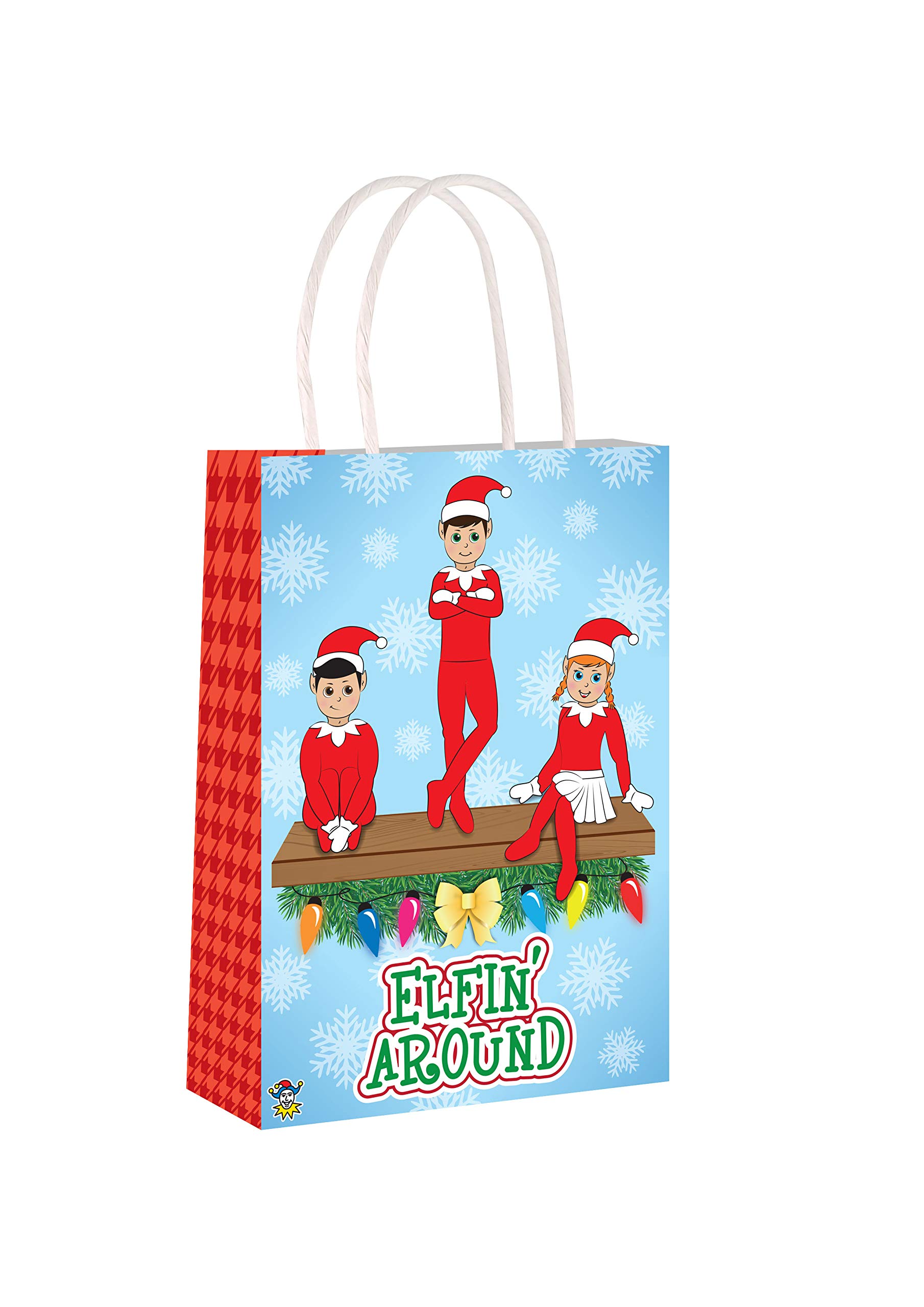 Henbrandt 12 x Elfin Around Christmas Paper Party Bags with Handles for Kids Stocking Fillers Xmas Gift Bag Paper Lunch Bags Christmas Party Favours Goodies Sweets and Treats