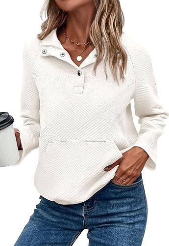 KIRUNDO Womens Sweatshirt Casual Textured Long Sleeve Henley Button V Neck Loose Pullover 2025 Trendy Fall Outfits Tops