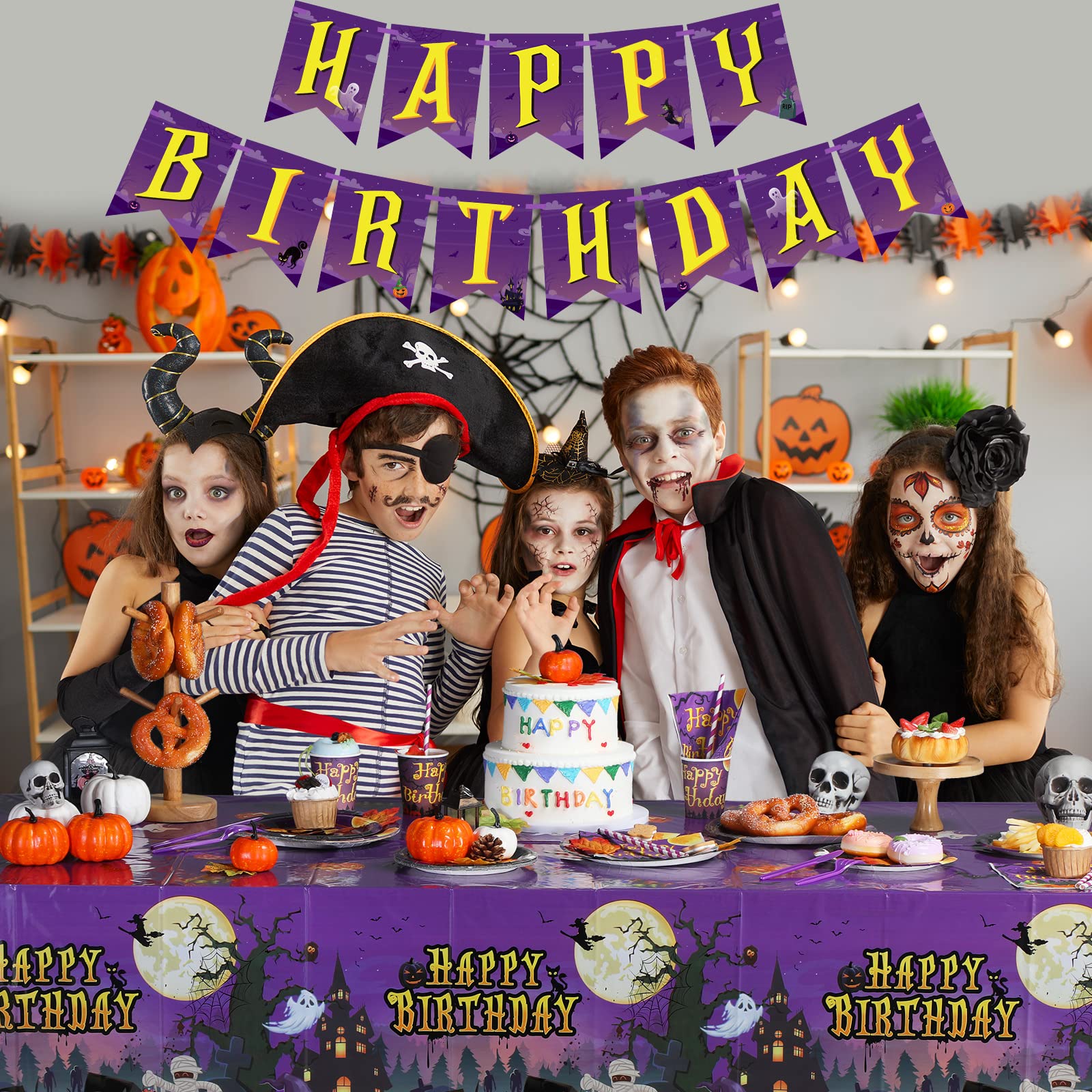 Pajean Pieces Halloween Birthday Party Set Banner Tablecloths Plates Cups Napkins Tableware Decorations for Kids Girls Boys Supplies, Serve 24 Guest