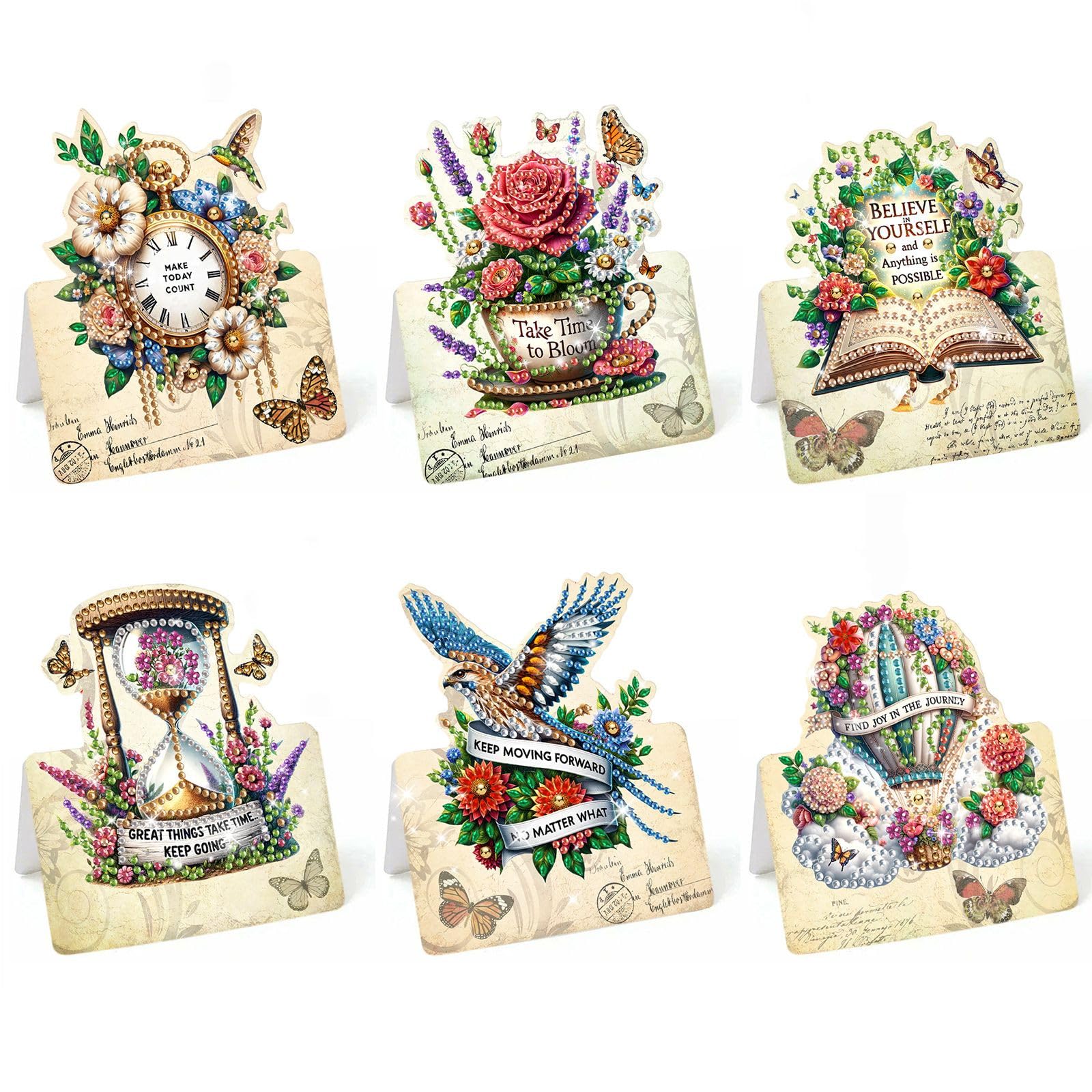 Lebartm 6Pcs 3D Folding Greeting Card DIY Diamond Art Painting Foldable Thank You Cards with White Envelopes Blessing Greeting Card Set for Festival Holiday-Retro Style