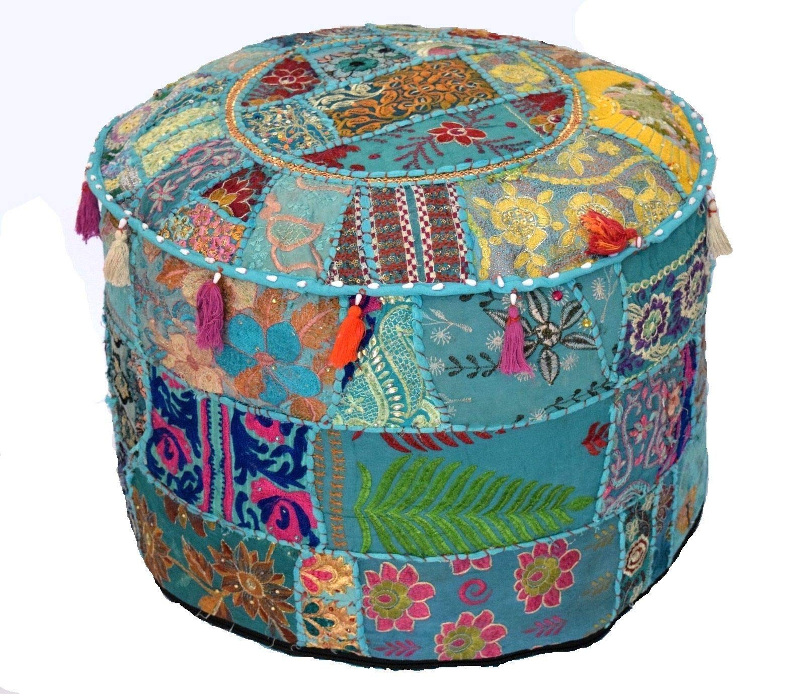 Copridivano Etnico Indiano 55x55 Cm In Cotone Patchwork Ricamato Turchese - Fodera Per Pouf E Cuscini Da Terra Con Chiusura Lampo - 2