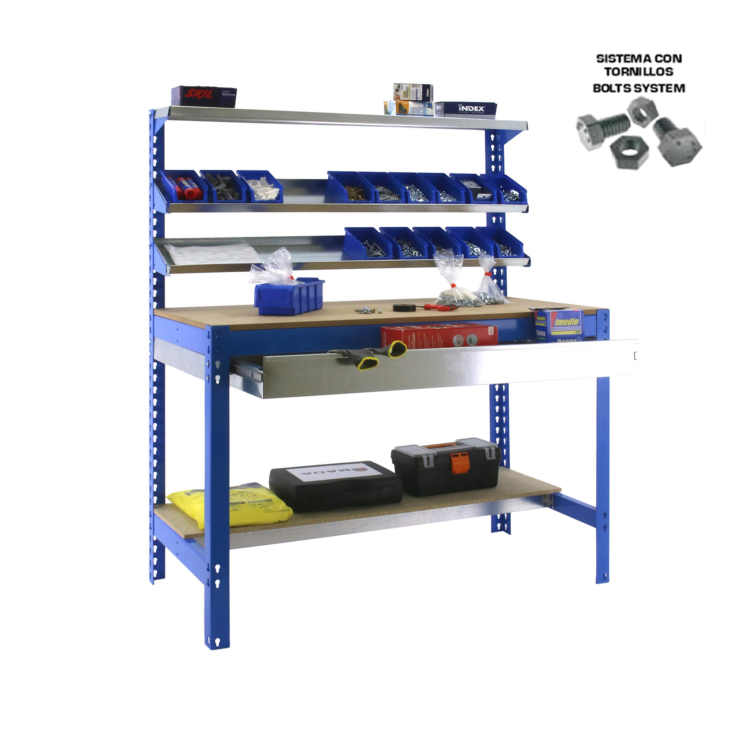 Simon Rack Banco de Trabajo con 3 repisas y cajón 910x610 mm - BT1 | Capacidad Carga 400 kg, Pintura anticorrosión, Azul , Montaje sistema clic